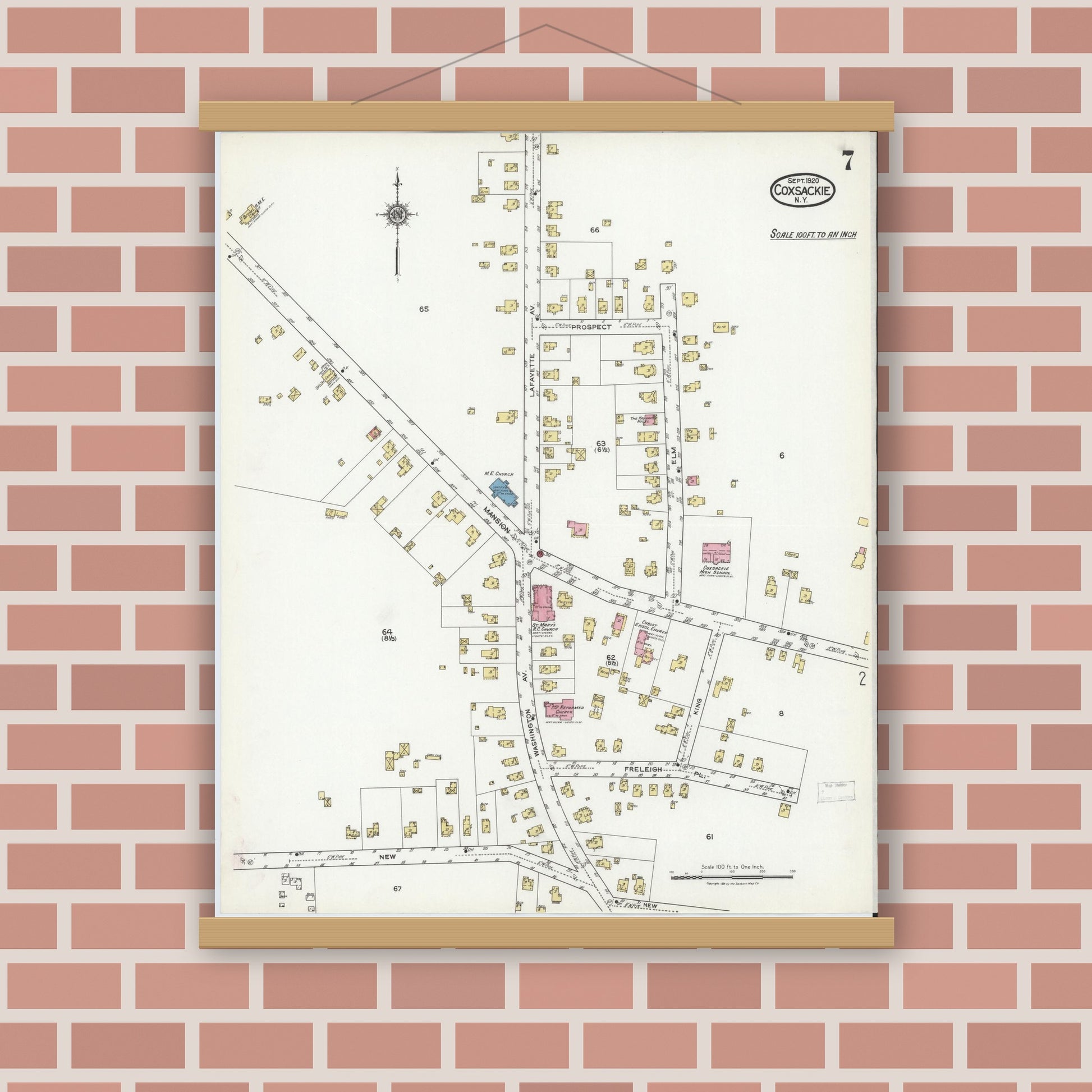 Old map wall art mockup — magnetic wood frame on brick wall — Sanborn Fire Insurance Map from Coxsackie, Greene County, New York (1920), Sheet #0007