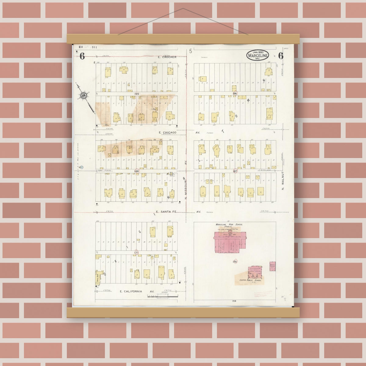 Old map wall art mockup — magnetic wood frame on brick wall — Sanborn Fire Insurance Map from Marceline, Linn County, Missouri (1939), Sheet #0006