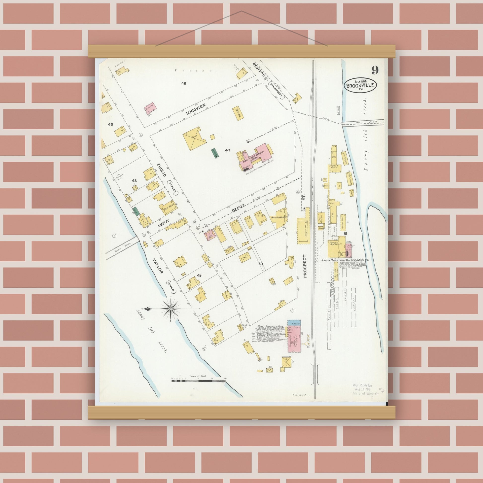 Old map wall art mockup — magnetic wood frame on brick wall — Sanborn Fire Insurance Map from Brookville, Jefferson County, Pennsylvania (1904), Sheet #0009