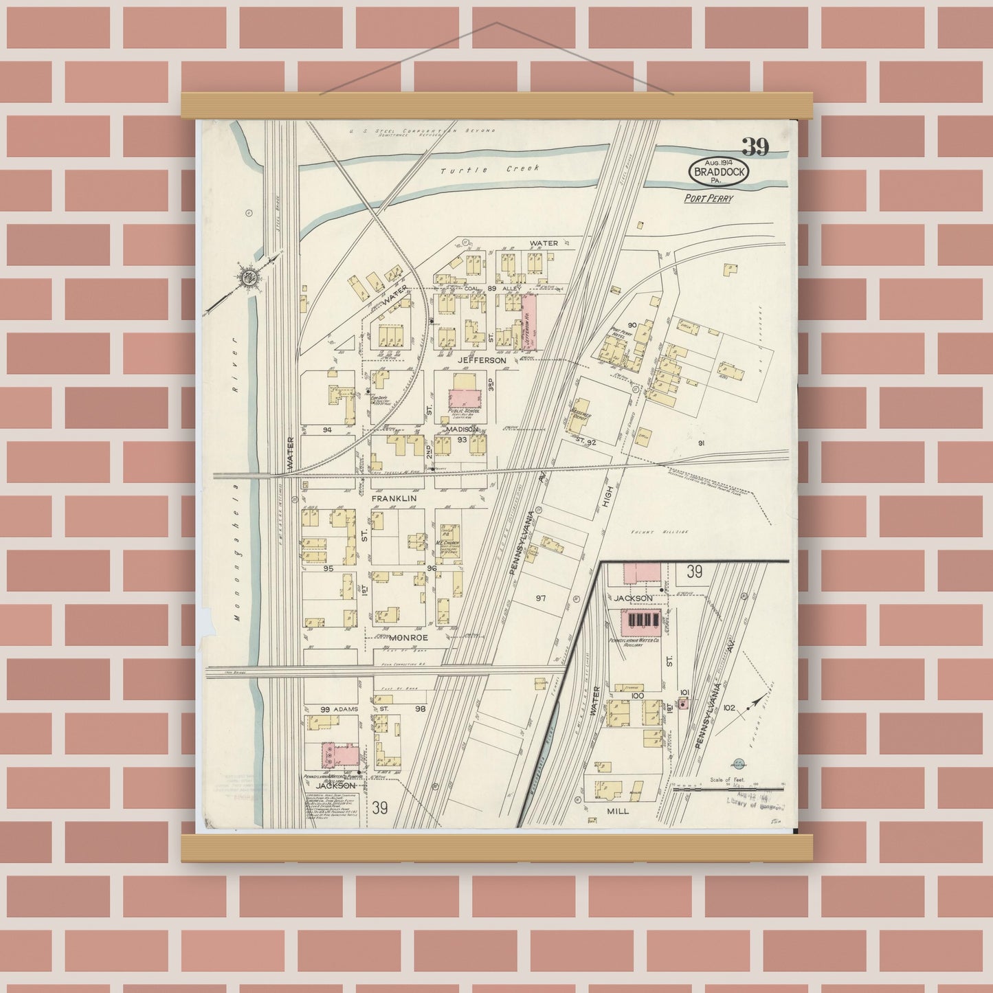 Old map wall art mockup — magnetic wood frame on brick wall — Sanborn Fire Insurance Map from Braddock, Allegheny County, Pennsylvania (1914), Sheet #0039