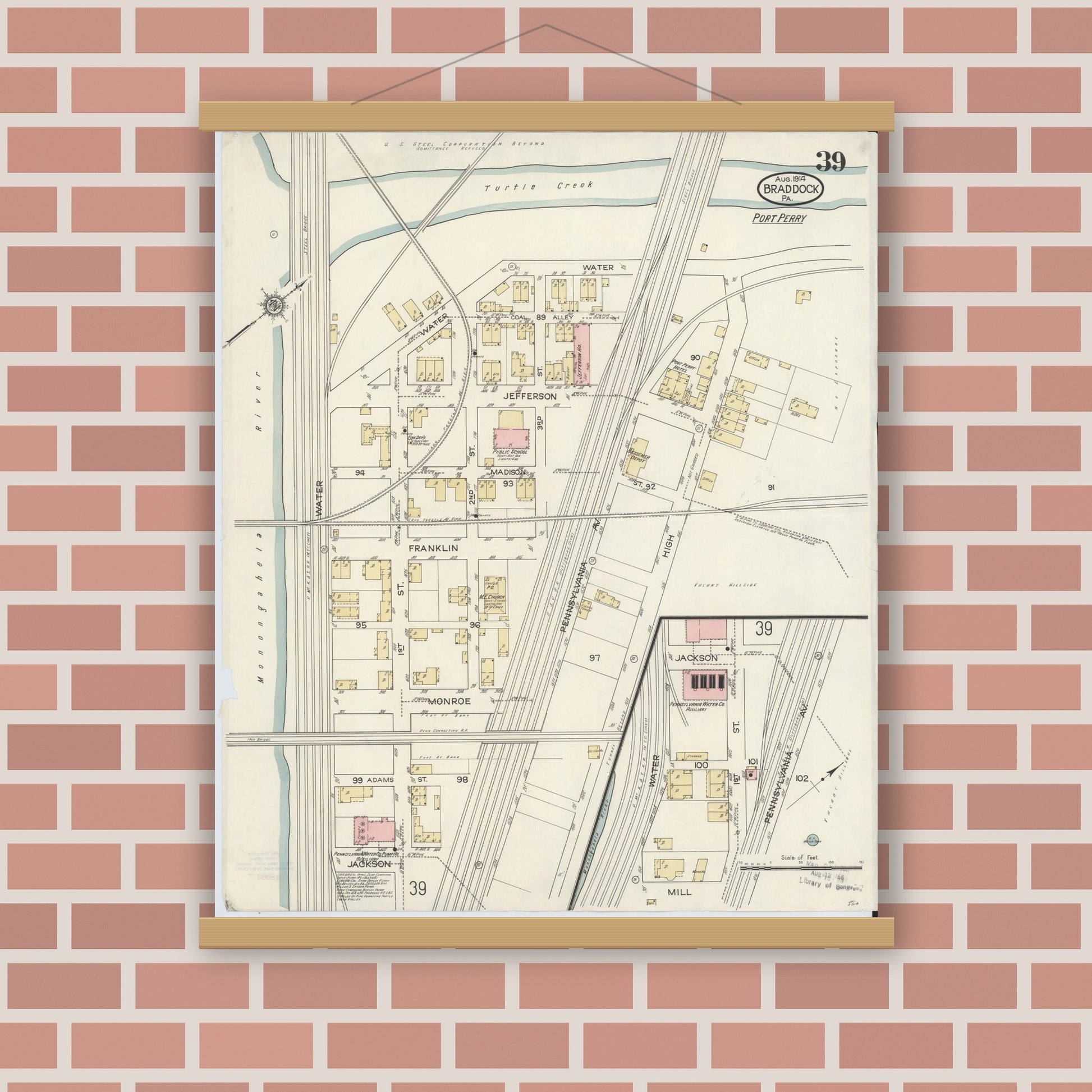 Old map wall art mockup — magnetic wood frame on brick wall — Sanborn Fire Insurance Map from Braddock, Allegheny County, Pennsylvania (1914), Sheet #0039