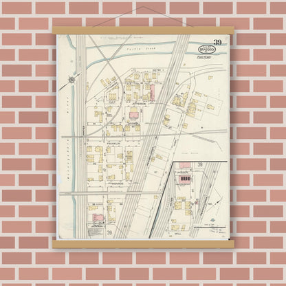 Old map wall art mockup — magnetic wood frame on brick wall — Sanborn Fire Insurance Map from Braddock, Allegheny County, Pennsylvania (1914), Sheet #0039
