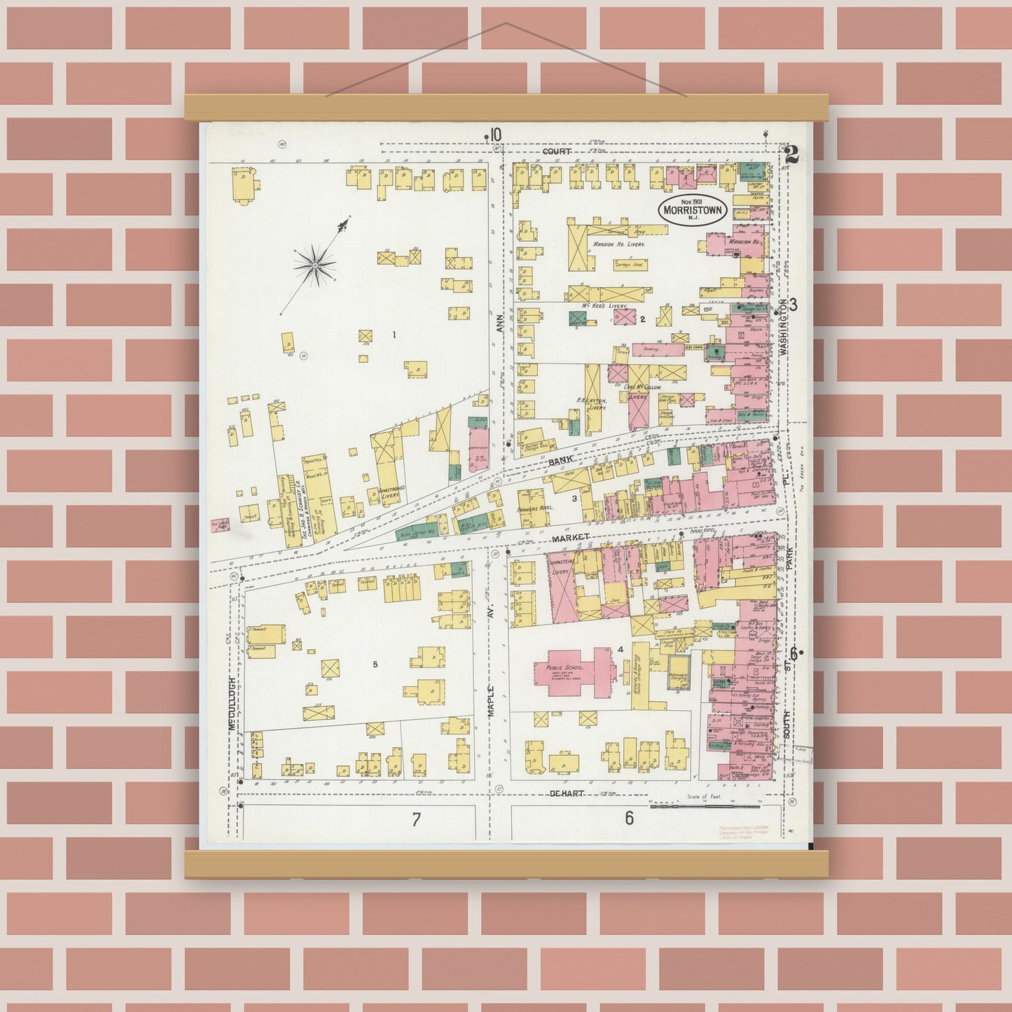 Old map wall art mockup — magnetic wood frame on brick wall — Sanborn Fire Insurance Map from Morristown, Morris County, New Jersey (1901) - Complete Map Set