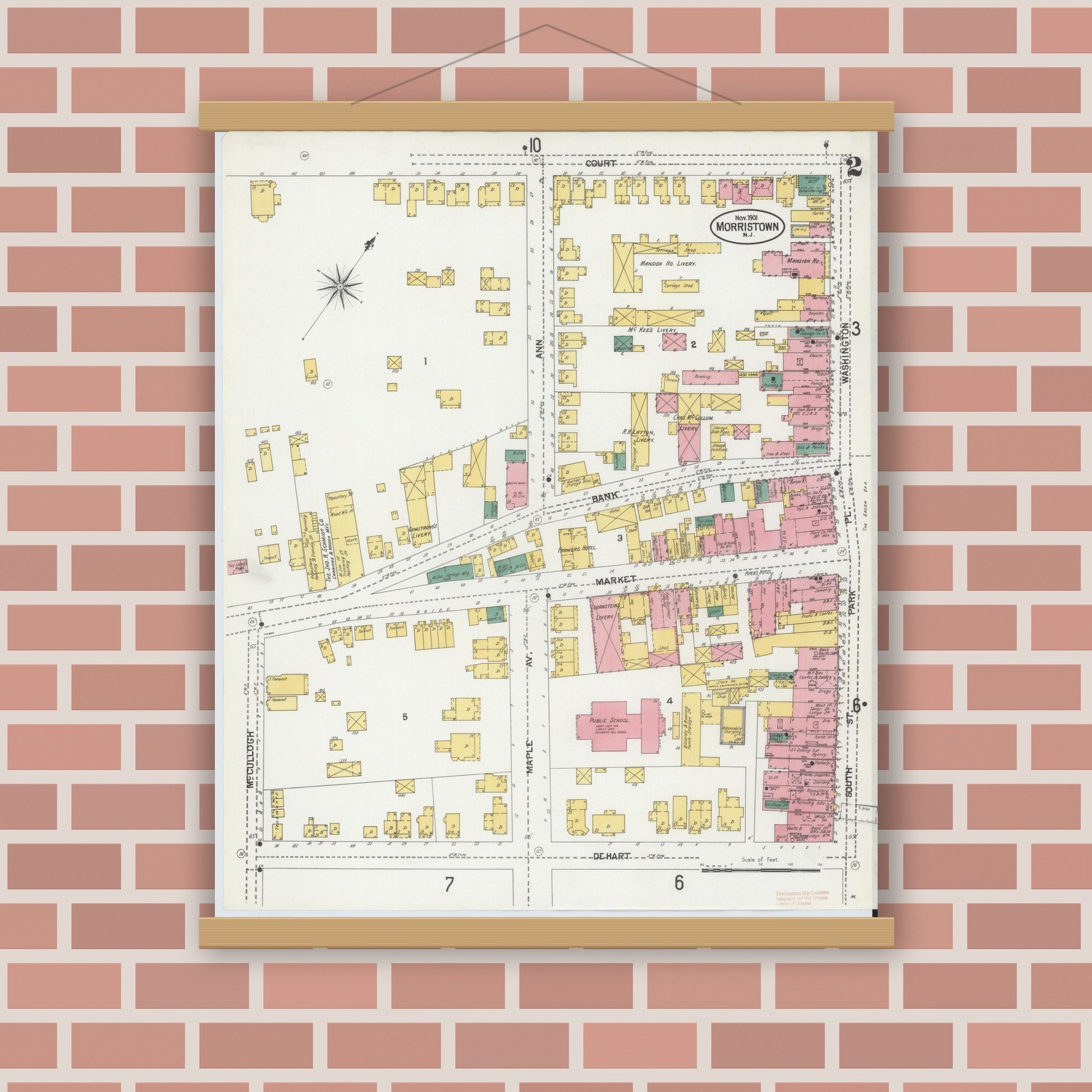 Old map wall art mockup — magnetic wood frame on brick wall — Sanborn Fire Insurance Map from Morristown, Morris County, New Jersey (1901) - Complete Map Set