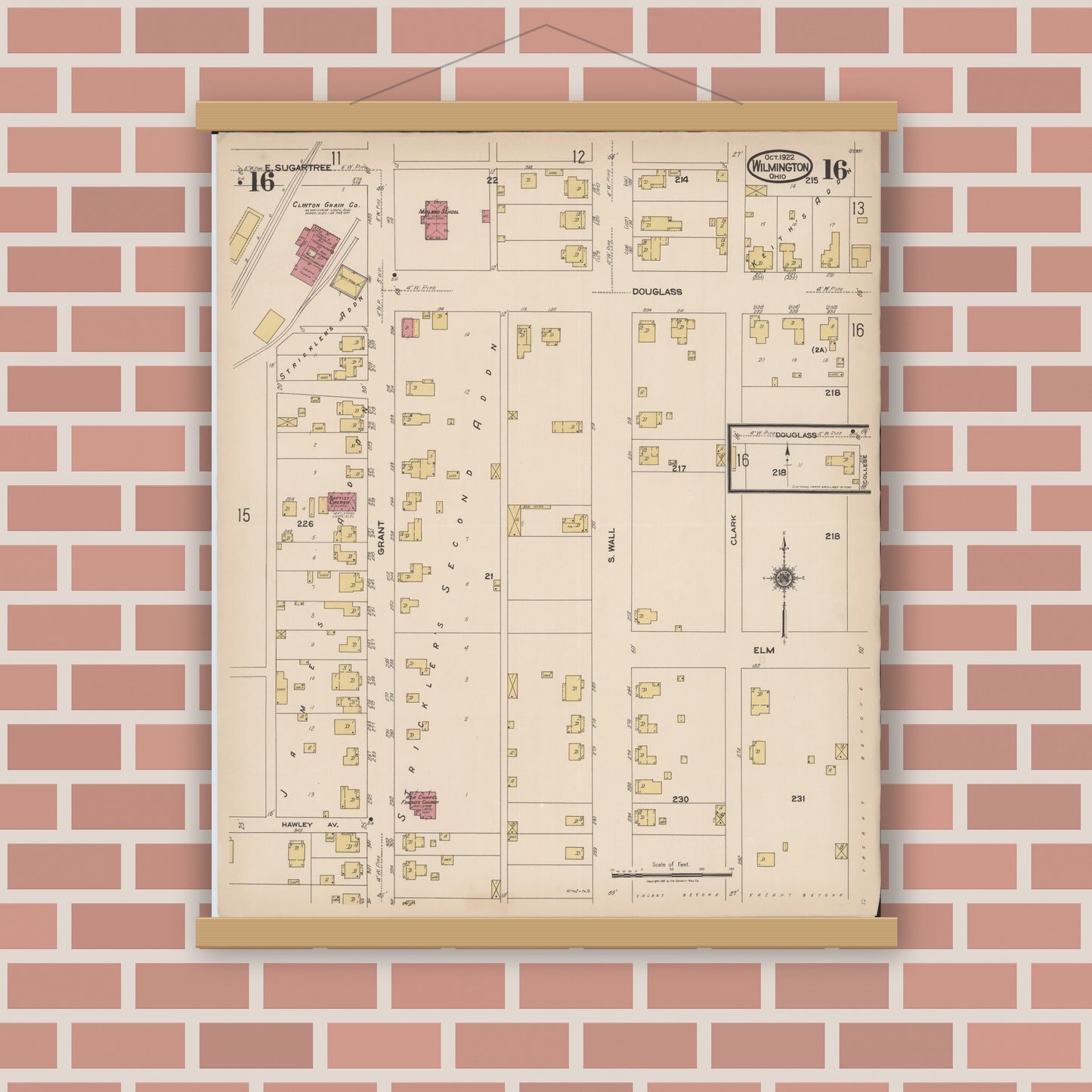 Old map wall art mockup — magnetic wood frame on brick wall — Sanborn Fire Insurance Map from Wilmington, Clinton County, Ohio (1922), Sheet #0016