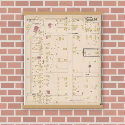Old map wall art mockup — magnetic wood frame on brick wall — Sanborn Fire Insurance Map from Wilmington, Clinton County, Ohio (1922), Sheet #0016