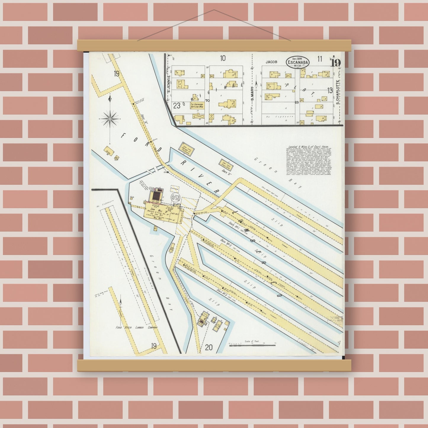 Old map wall art mockup — magnetic wood frame on brick wall — Sanborn Fire Insurance Map from Escanaba, Delta County, Michigan (1899), Sheet #0019
