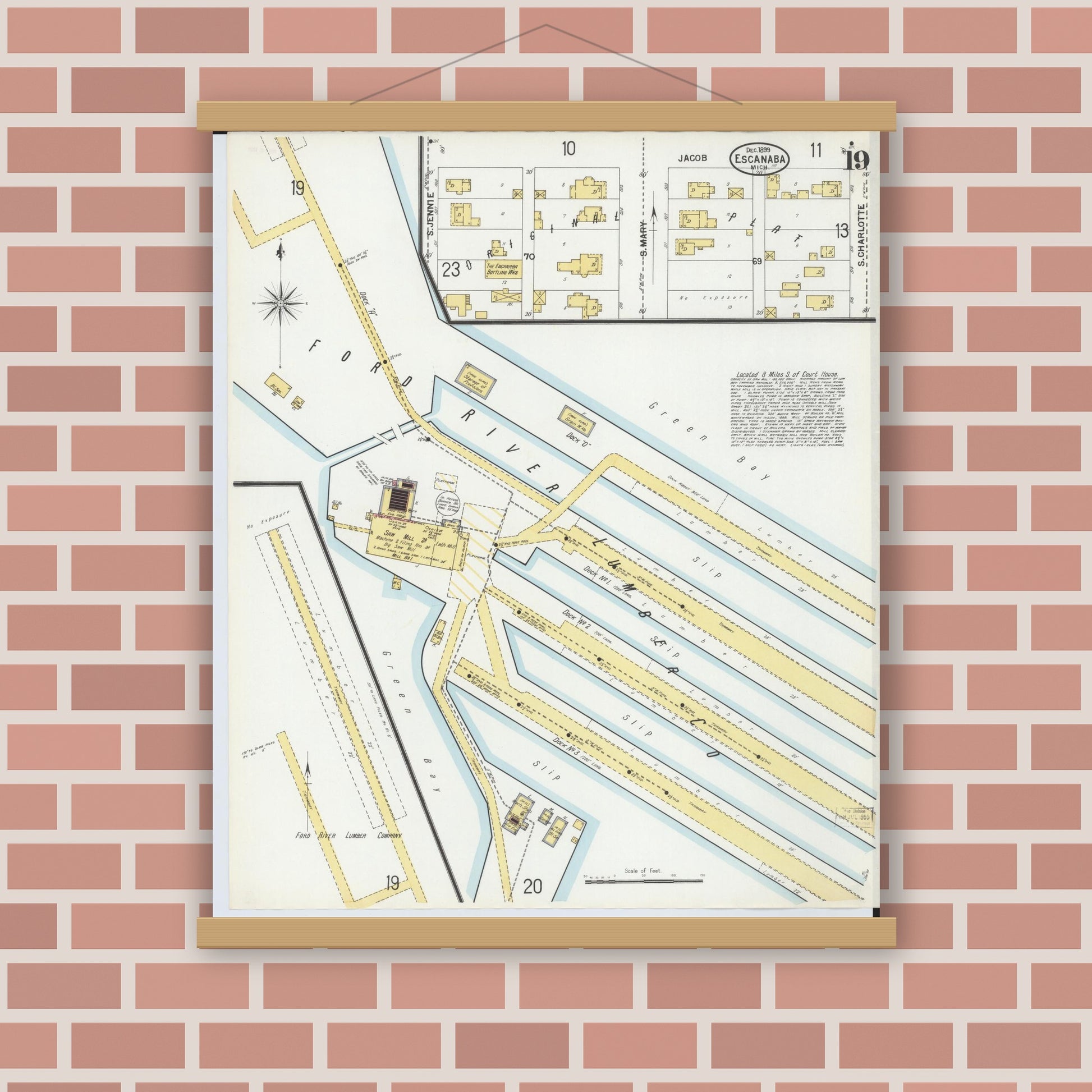 Old map wall art mockup — magnetic wood frame on brick wall — Sanborn Fire Insurance Map from Escanaba, Delta County, Michigan (1899), Sheet #0019