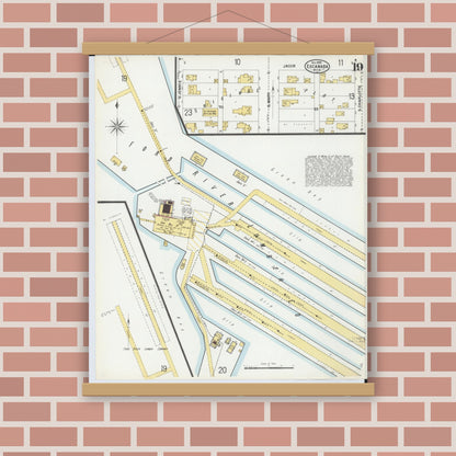 Old map wall art mockup — magnetic wood frame on brick wall — Sanborn Fire Insurance Map from Escanaba, Delta County, Michigan (1899), Sheet #0019