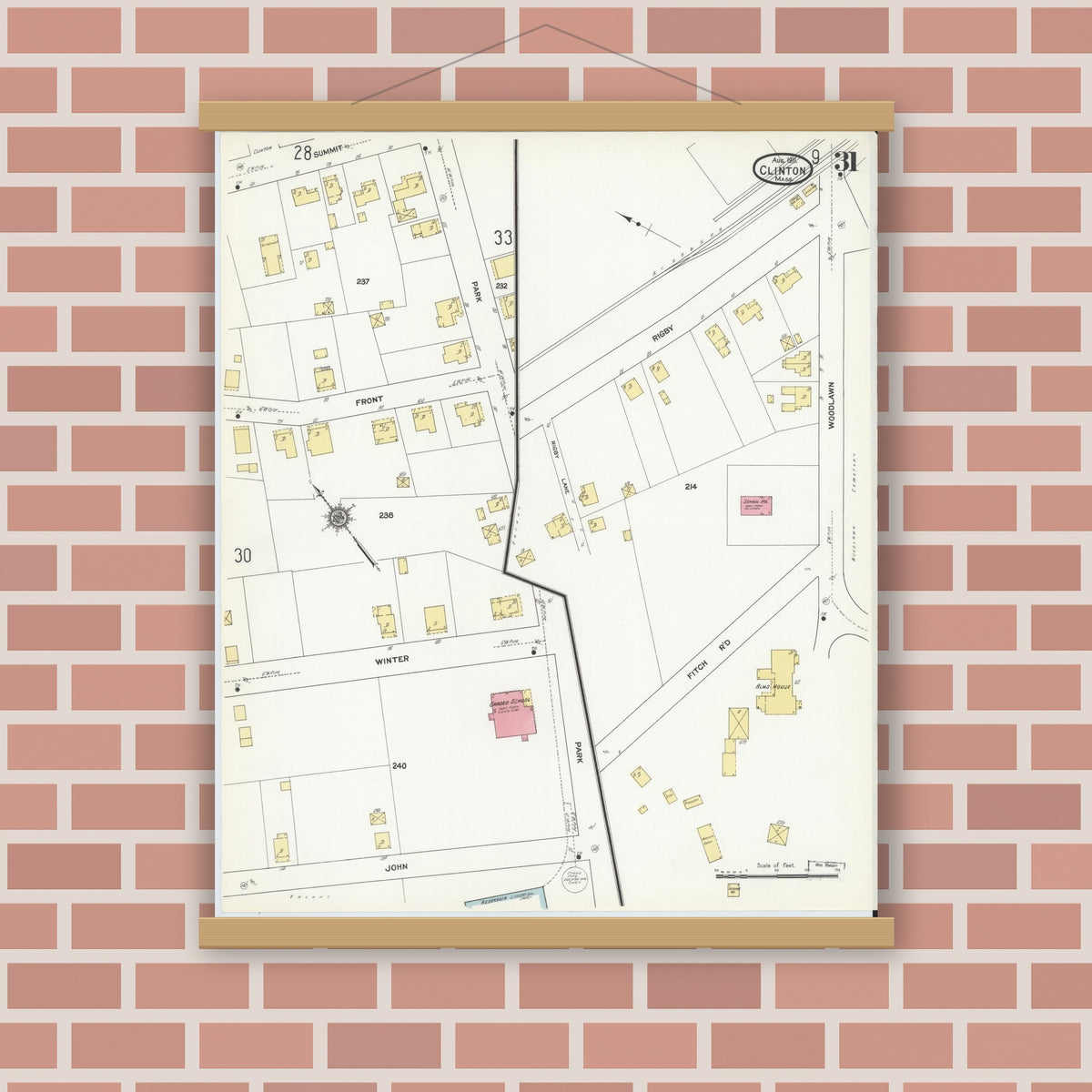 Old map wall art mockup — magnetic wood frame on brick wall — Sanborn Fire Insurance Map from Clinton, Worcester County, Massachusetts (1911), Sheet #0031