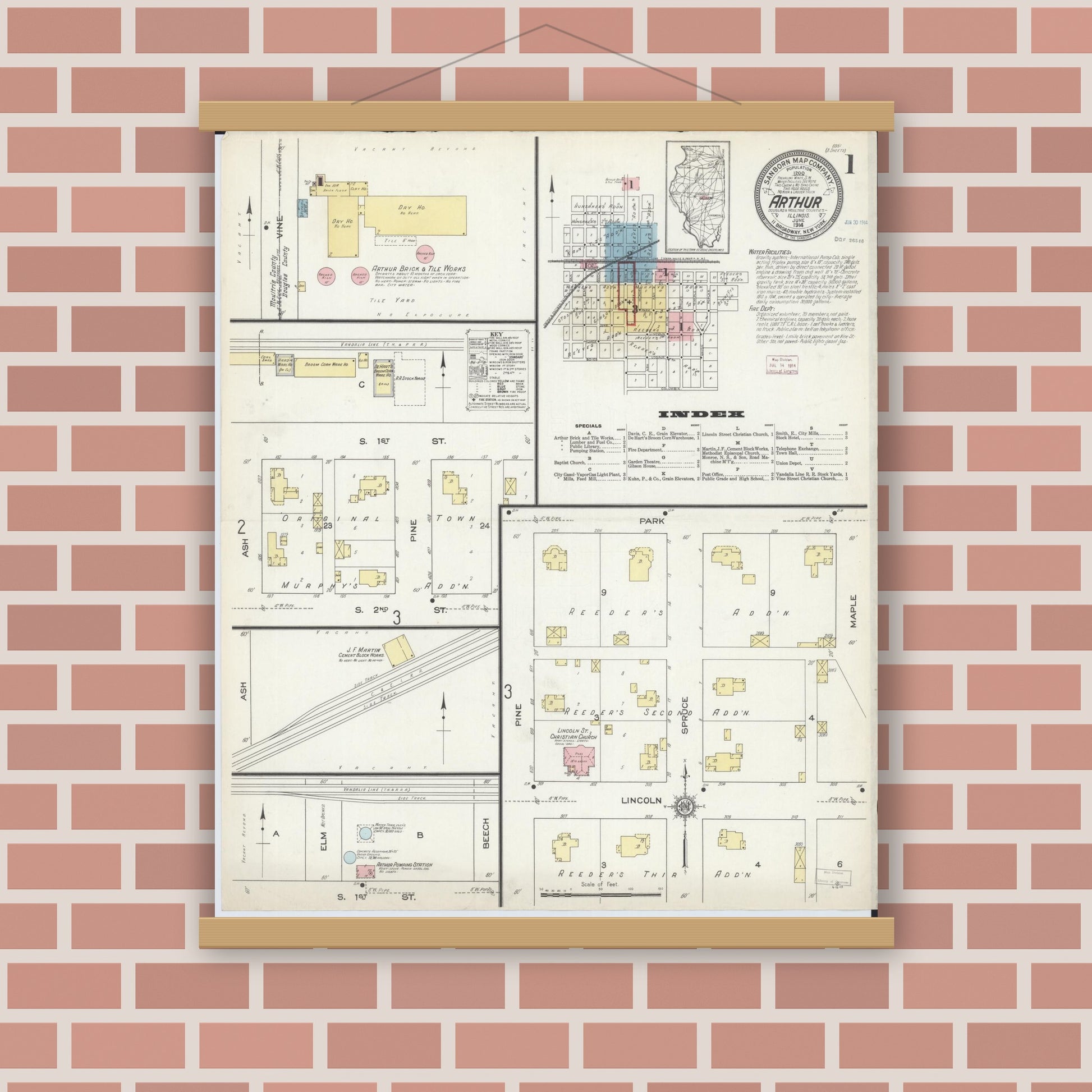 Old map wall art mockup — magnetic wood frame on brick wall — Sanborn Fire Insurance Map from Arthur, Moultrie And Douglas Counties, Illinois (1914), Sheet #0001