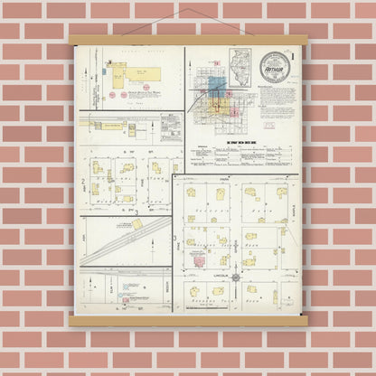 Old map wall art mockup — magnetic wood frame on brick wall — Sanborn Fire Insurance Map from Arthur, Moultrie And Douglas Counties, Illinois (1914), Sheet #0001