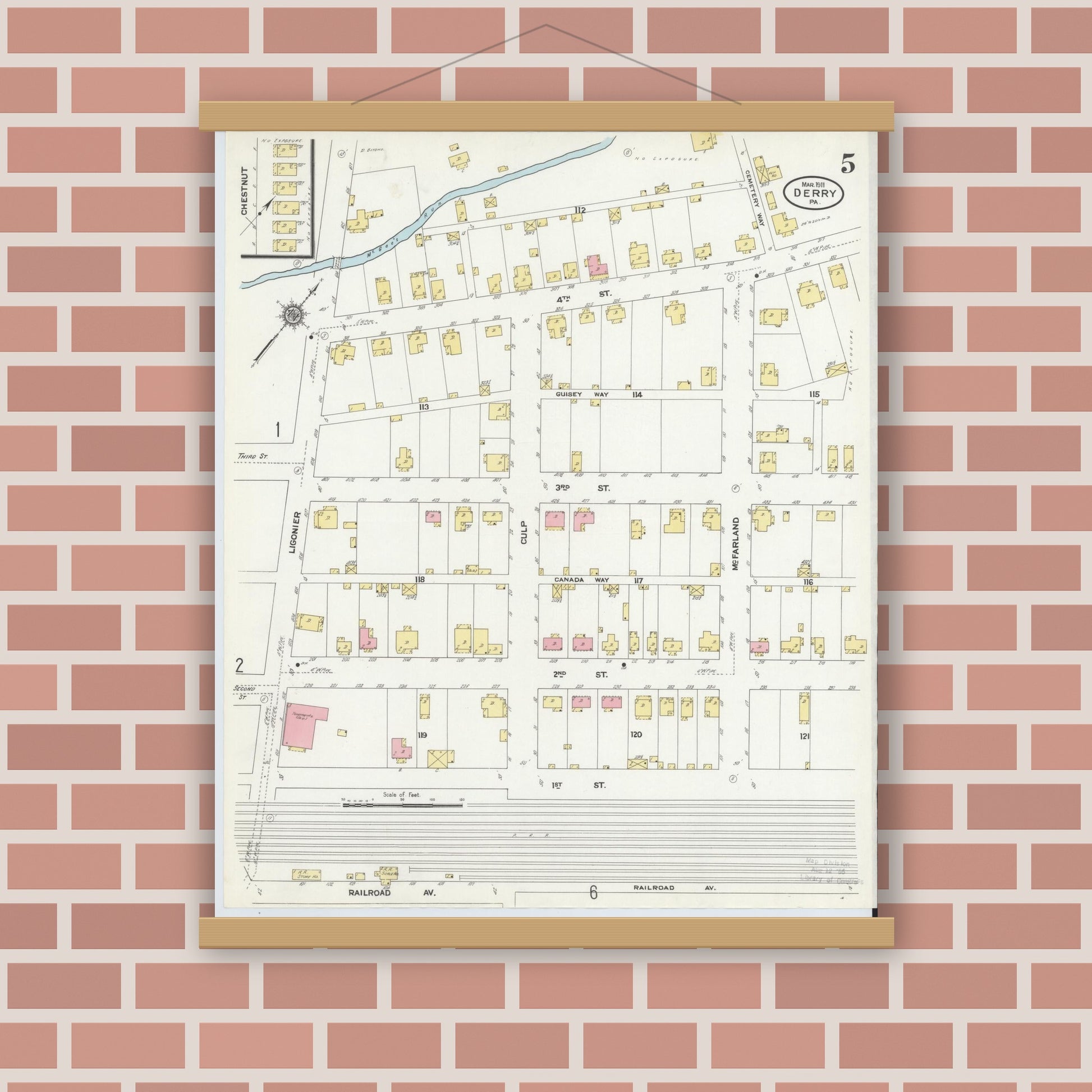 Old map wall art mockup — magnetic wood frame on brick wall — Sanborn Fire Insurance Map from Derry, Westmoreland County, Pennsylvania (1911), Sheet #0005
