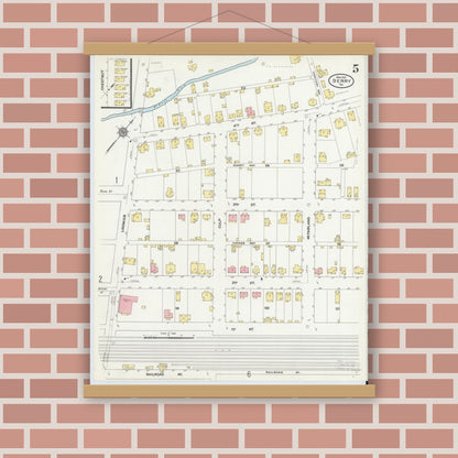 Old map wall art mockup — magnetic wood frame on brick wall — Sanborn Fire Insurance Map from Derry, Westmoreland County, Pennsylvania (1911), Sheet #0005
