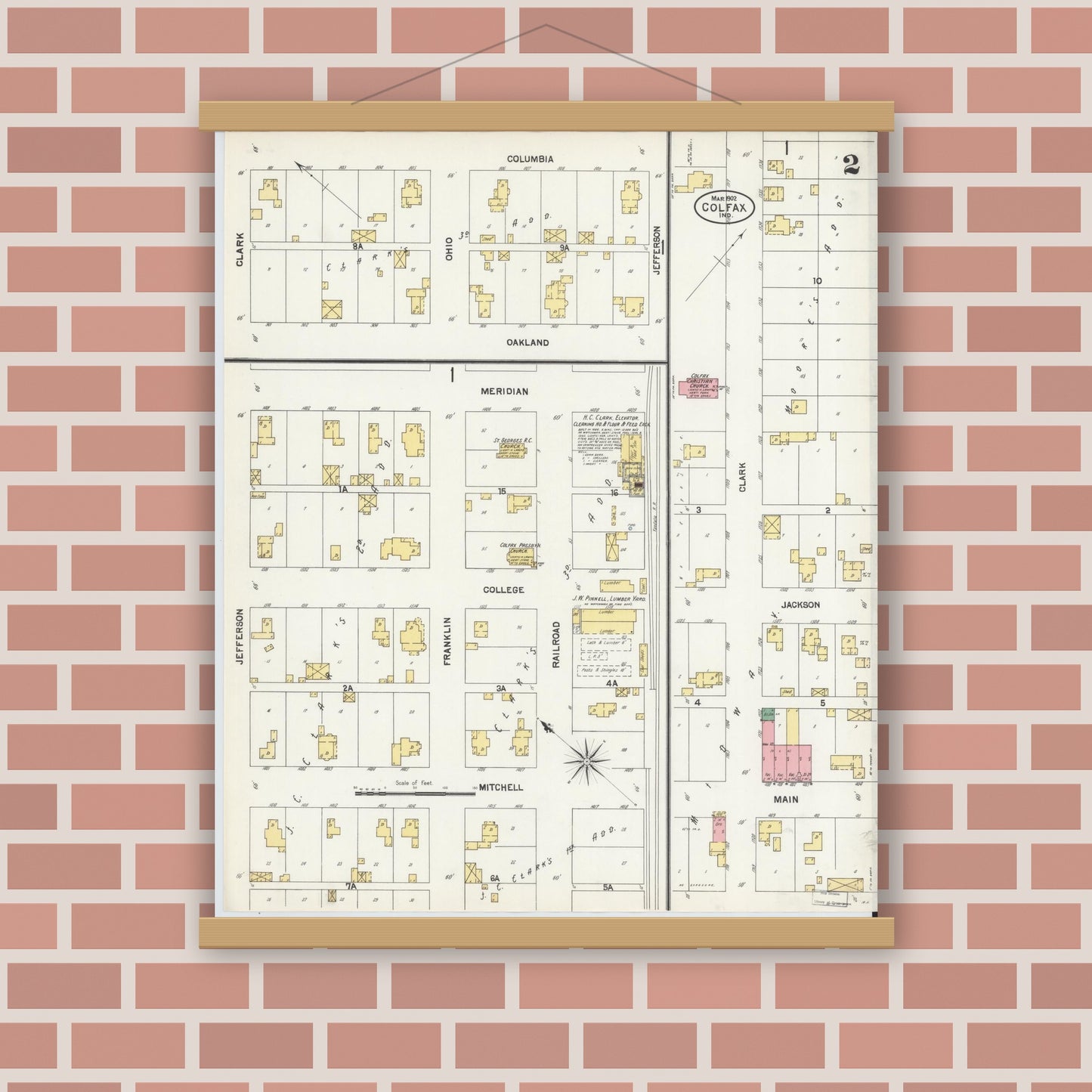Old map wall art mockup — magnetic wood frame on brick wall — Sanborn Fire Insurance Map from Colfax, Clinton County, Indiana (1902), Sheet #0002