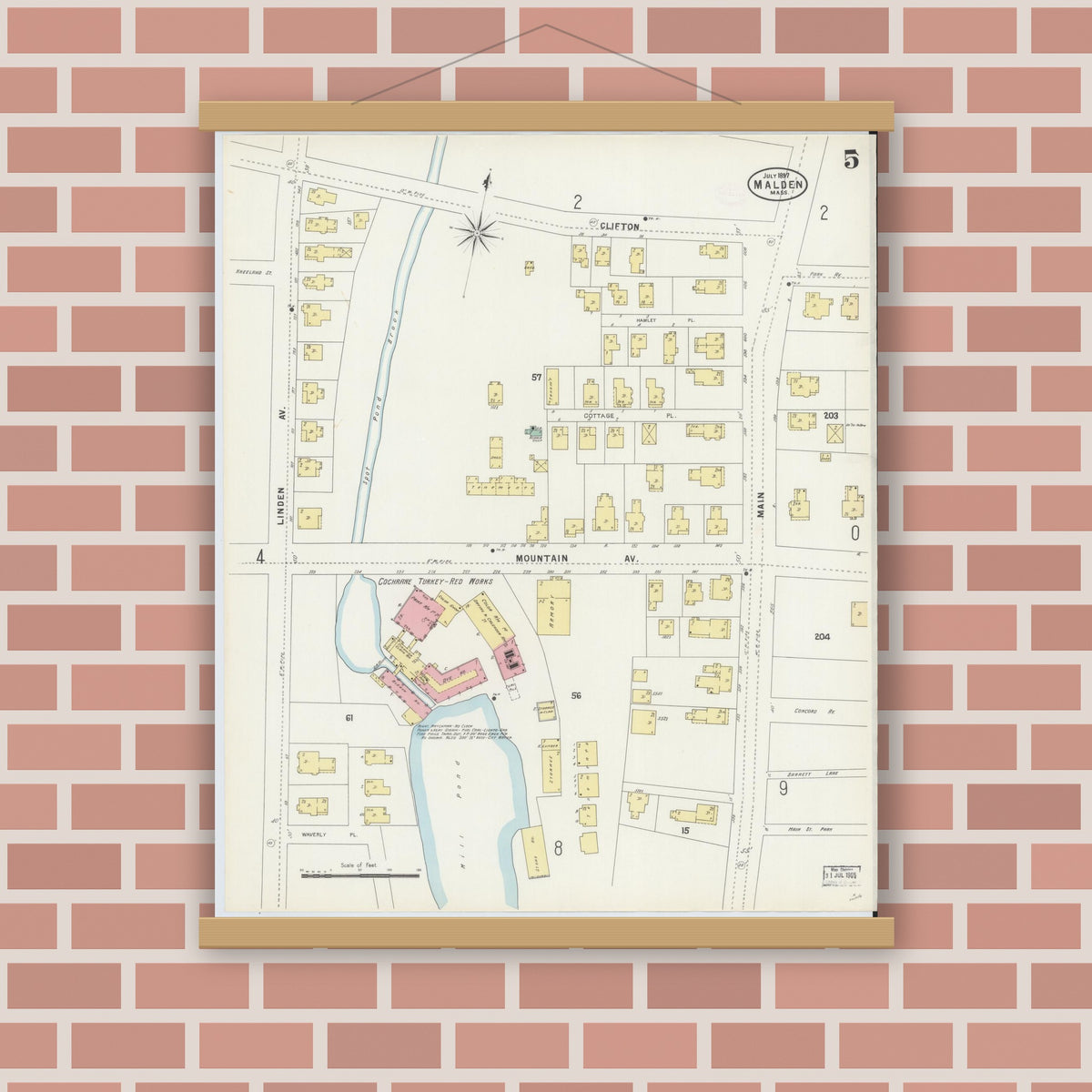 Old map wall art mockup — magnetic wood frame on brick wall — Sanborn Fire Insurance Map from Malden, Middlesex County, Massachusetts (1897), Sheet #0005