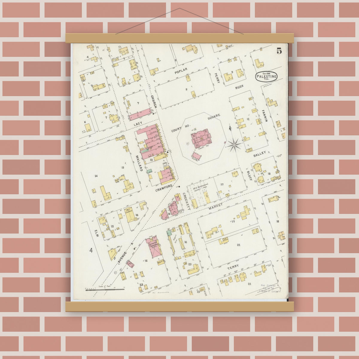 Old map wall art mockup — magnetic wood frame on brick wall — Sanborn Fire Insurance Map from Palestine, Anderson County, Texas (1896), Sheet #0005