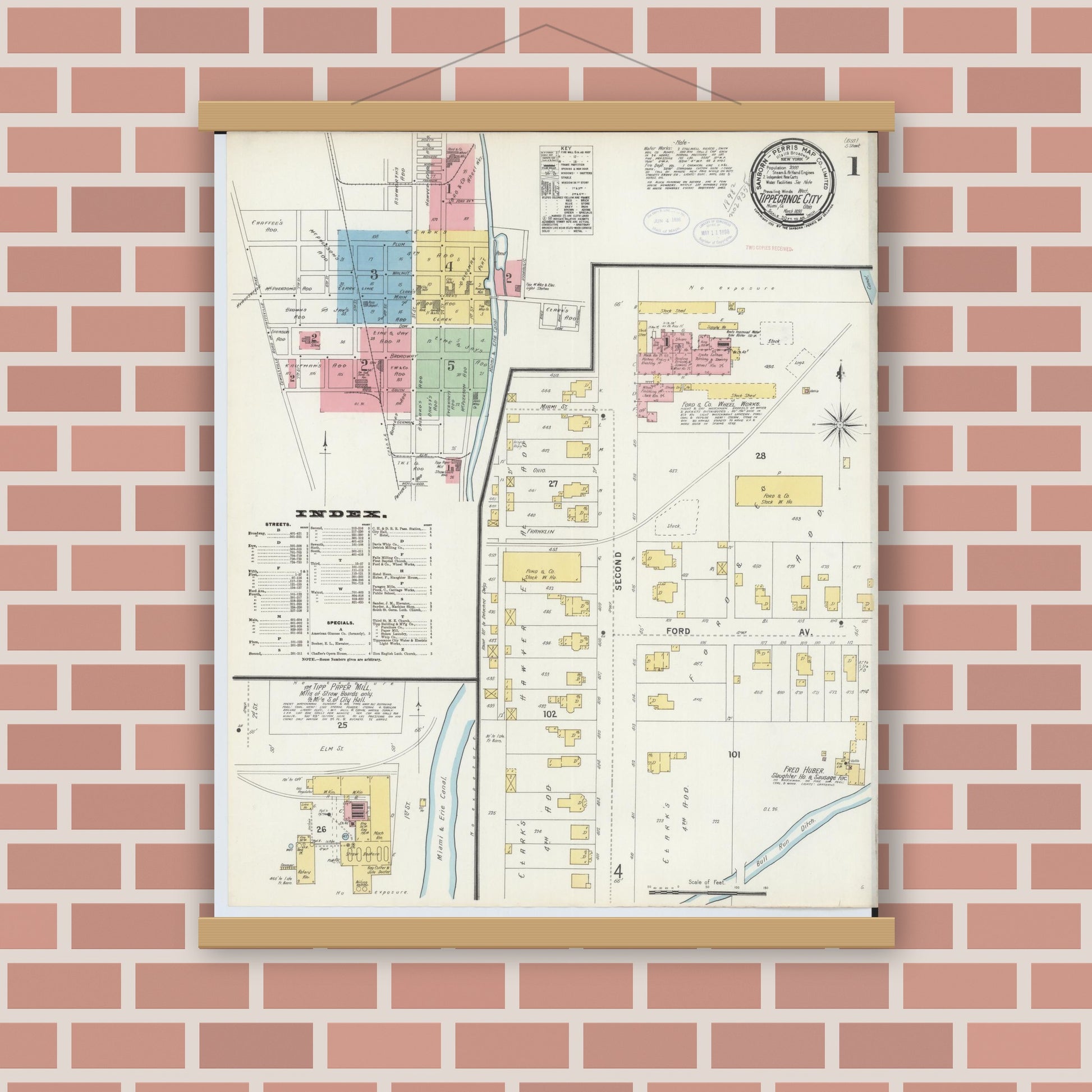 Old map wall art mockup — magnetic wood frame on brick wall — Sanborn Fire Insurance Map from Tipp City, Miami County, Ohio (1898), Sheet #0001
