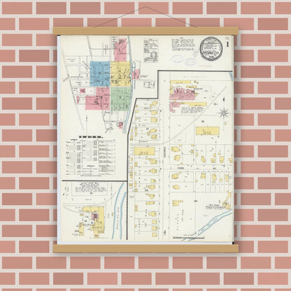 Old map wall art mockup — magnetic wood frame on brick wall — Sanborn Fire Insurance Map from Tipp City, Miami County, Ohio (1898), Sheet #0001