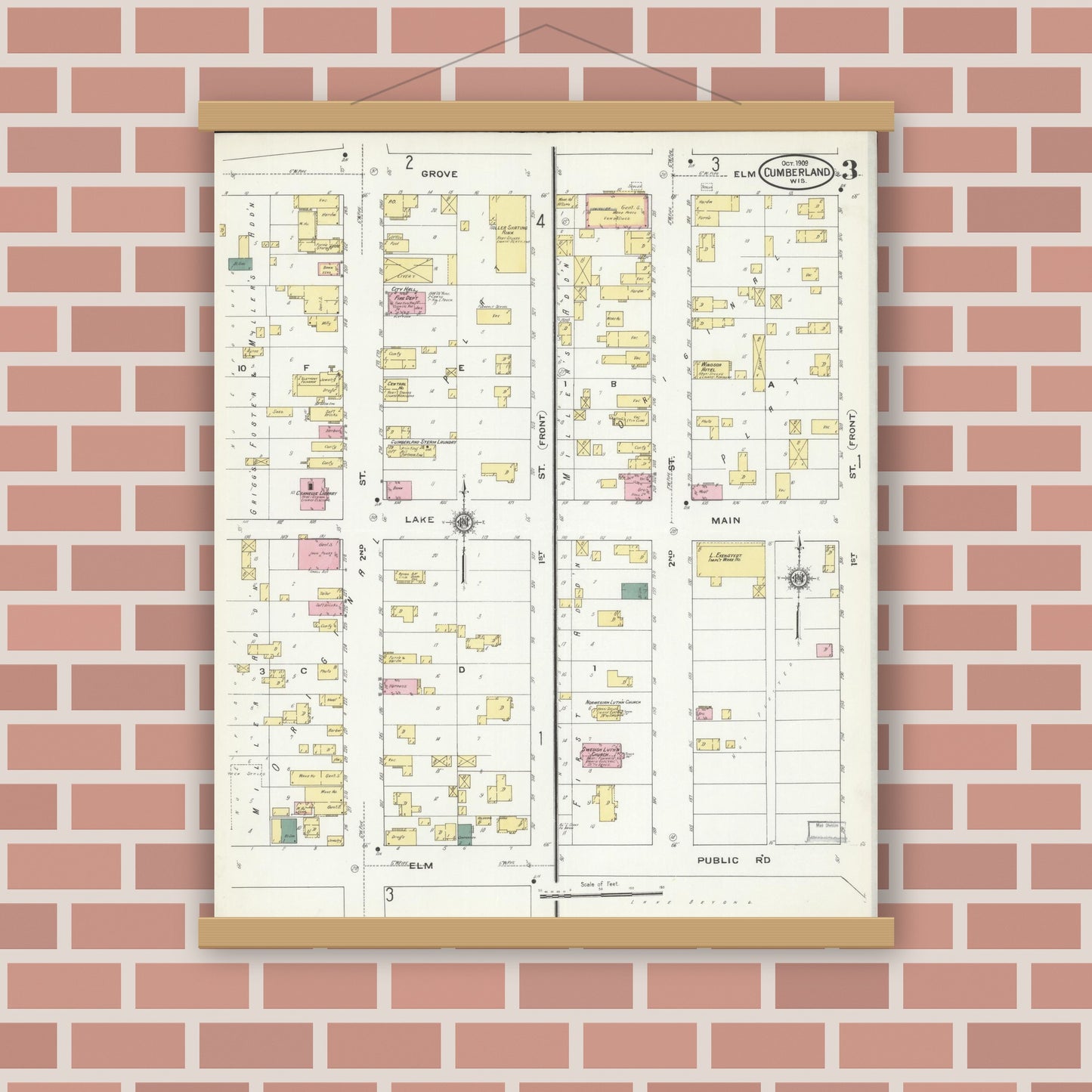 Old map wall art mockup — magnetic wood frame on brick wall — Sanborn Fire Insurance Map from Cumberland, Barron County, Wisconsin (1909), Sheet #0003