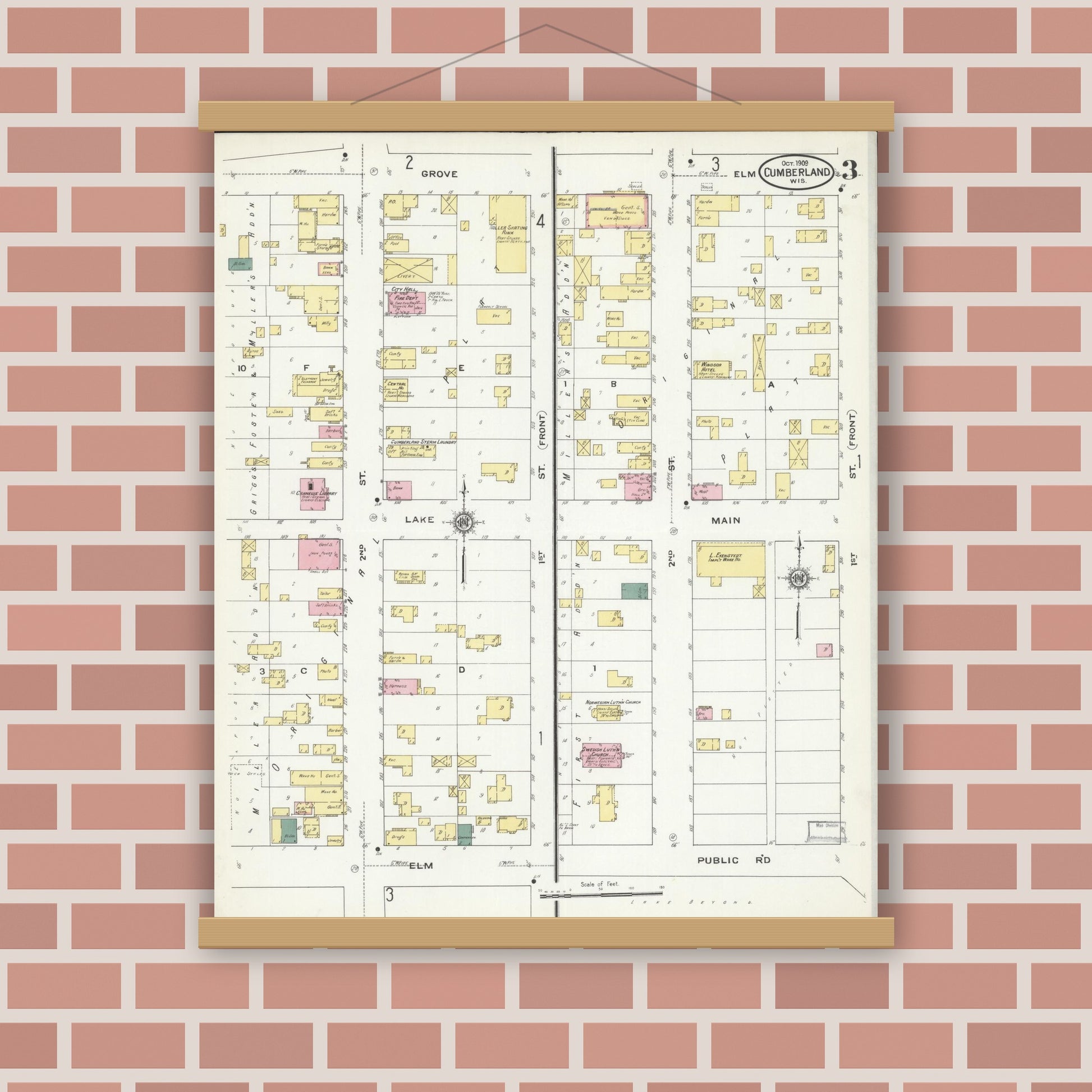 Old map wall art mockup — magnetic wood frame on brick wall — Sanborn Fire Insurance Map from Cumberland, Barron County, Wisconsin (1909), Sheet #0003