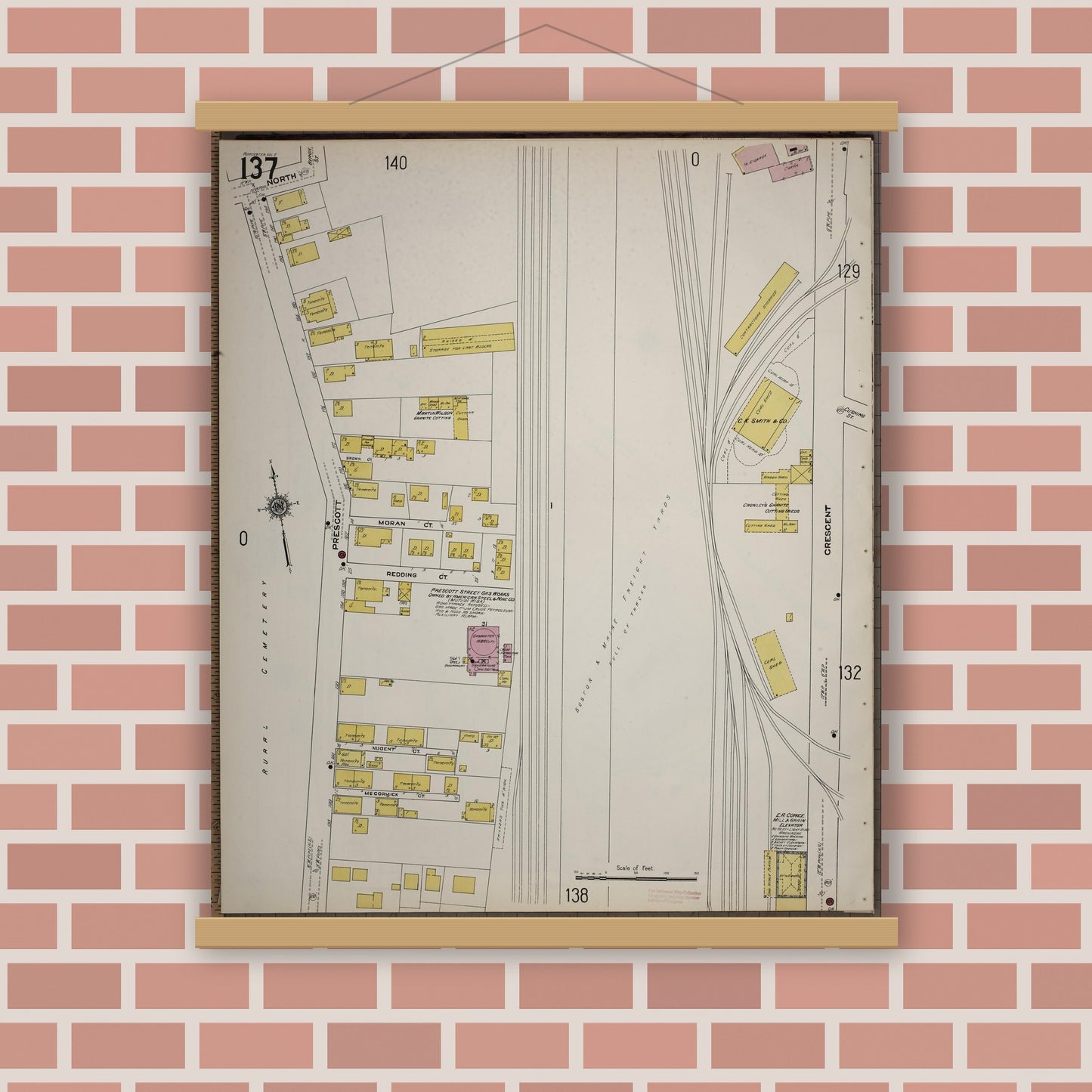 Old map wall art mockup — magnetic wood frame on brick wall — Sanborn Fire Insurance Map from Worcester, Worcester County, Massachusetts (1910), Sheet #0137