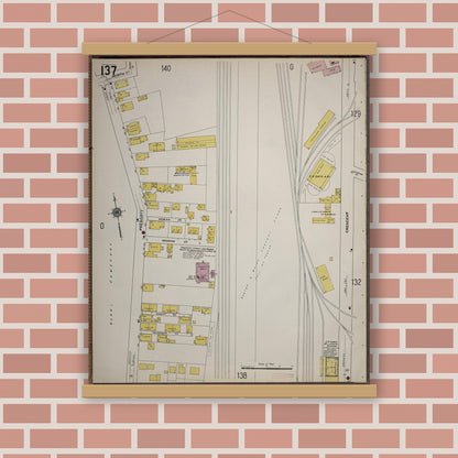 Old map wall art mockup — magnetic wood frame on brick wall — Sanborn Fire Insurance Map from Worcester, Worcester County, Massachusetts (1910), Sheet #0137