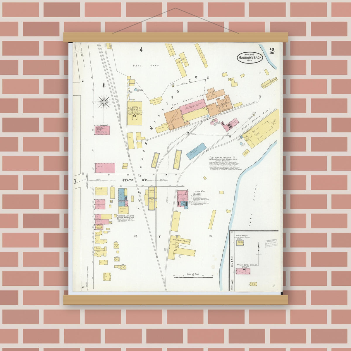 Old map wall art mockup — magnetic wood frame on brick wall — Sanborn Fire Insurance Map from Harbor Beach, Huron County, Michigan (1909), Sheet #0002