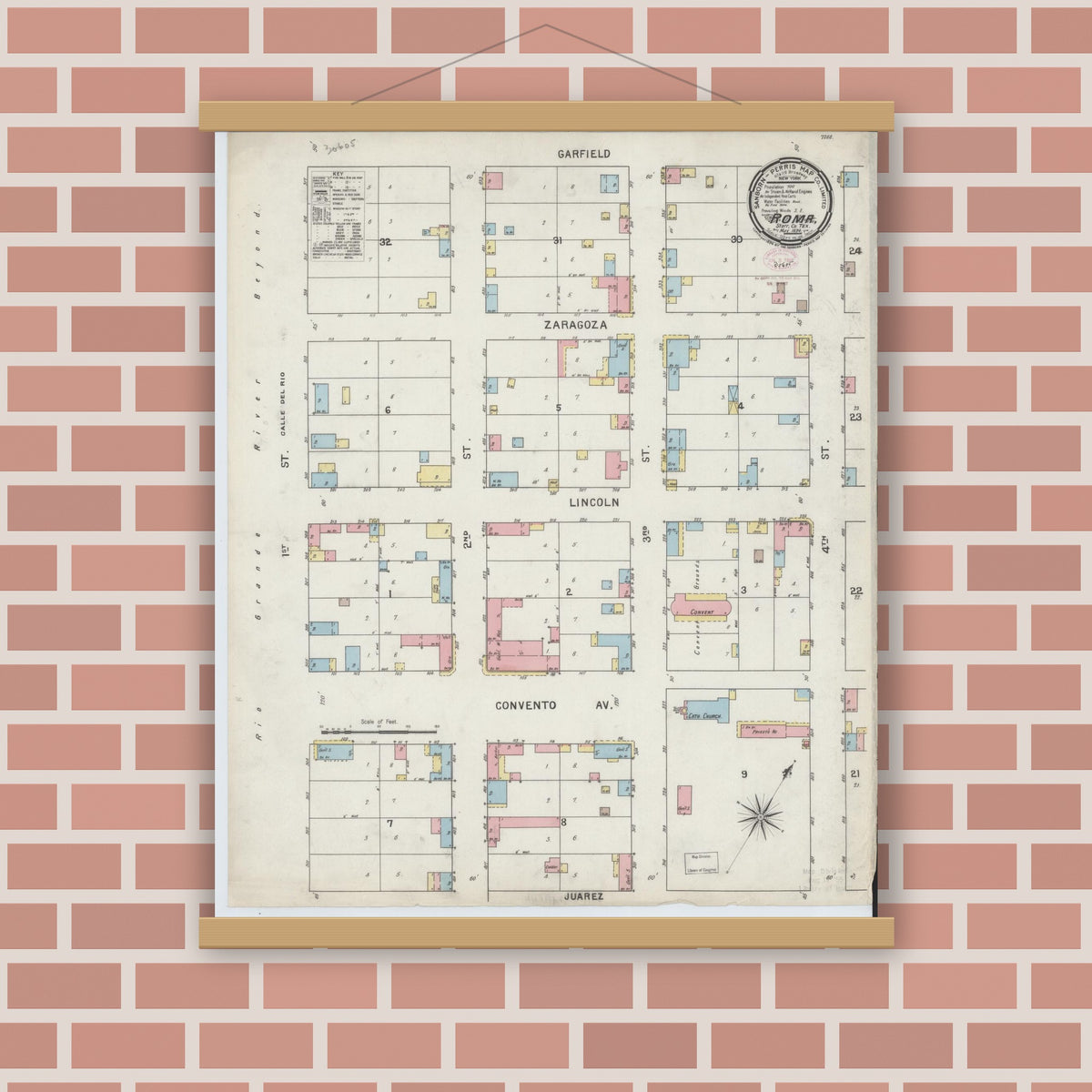 Old map wall art mockup — magnetic wood frame on brick wall — Sanborn Fire Insurance Map from Roma, Starr County, Texas (1894), Sheet #0001