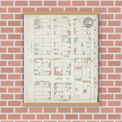Old map wall art mockup — magnetic wood frame on brick wall — Sanborn Fire Insurance Map from Roma, Starr County, Texas (1894), Sheet #0001