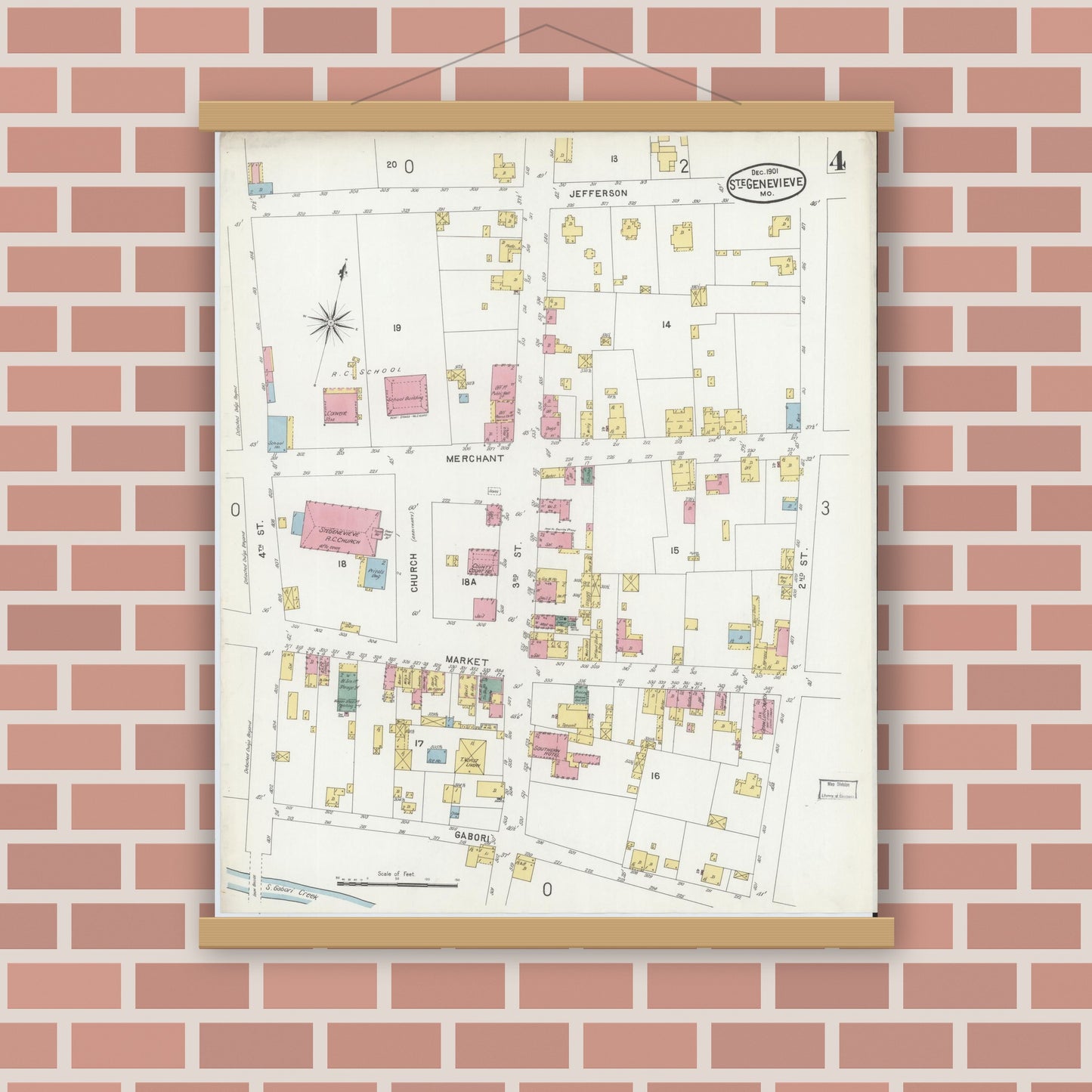 Old map wall art mockup — magnetic wood frame on brick wall — Sanborn Fire Insurance Map from Sainte Genevieve, Saint Genevieve County, Missouri (1901), Sheet #0004
