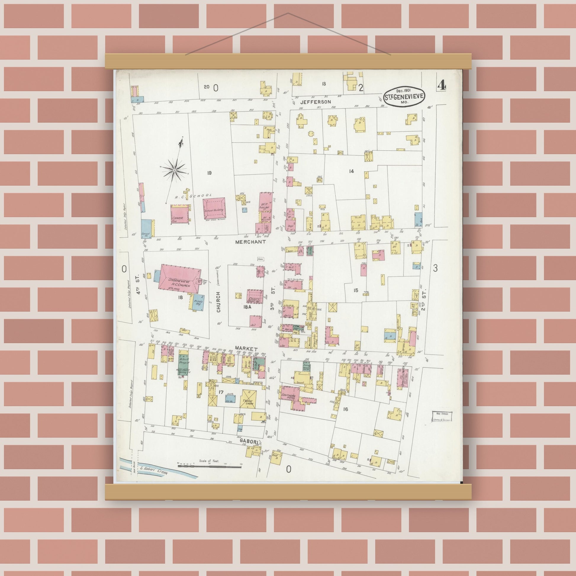 Old map wall art mockup — magnetic wood frame on brick wall — Sanborn Fire Insurance Map from Sainte Genevieve, Saint Genevieve County, Missouri (1901), Sheet #0004