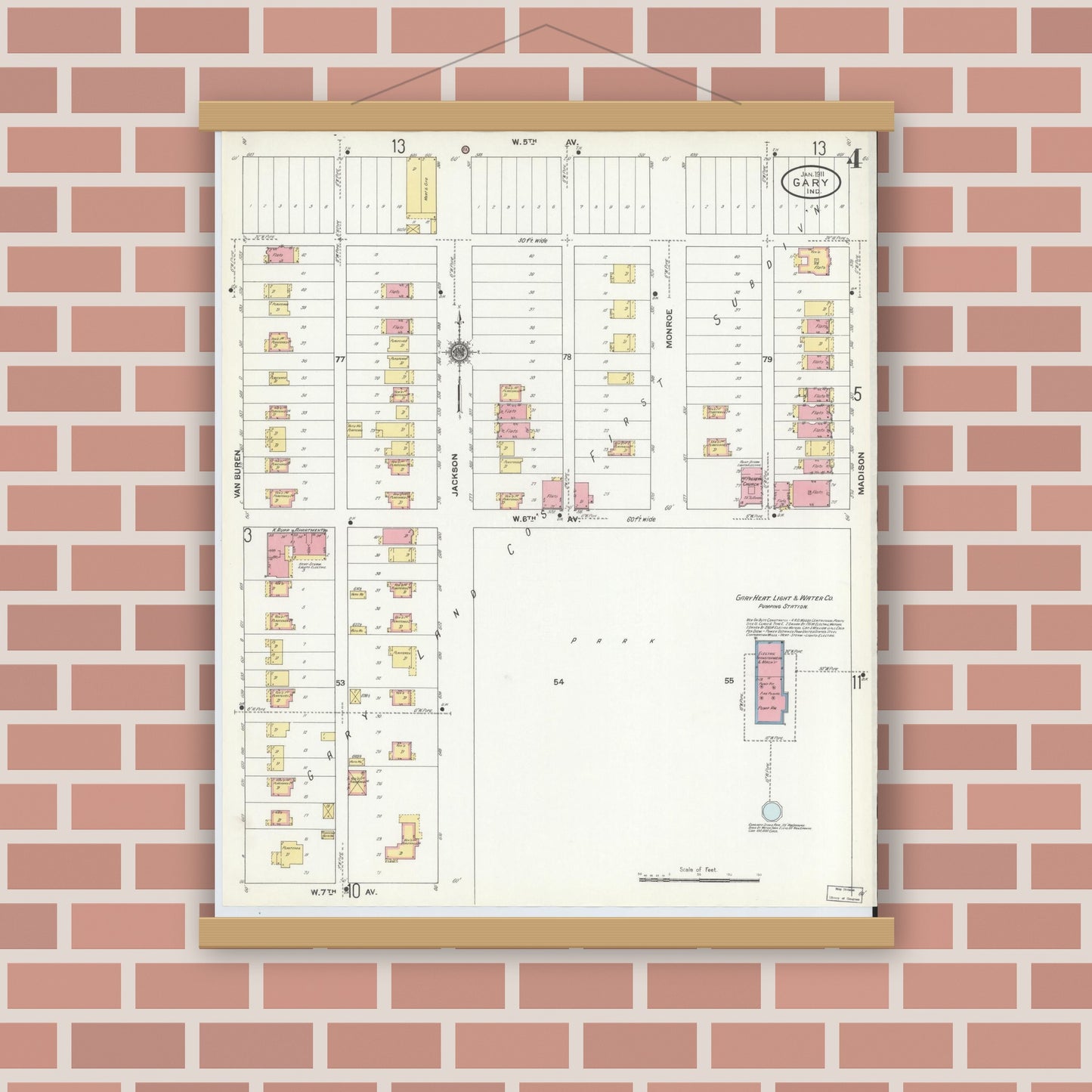 Old map wall art mockup — magnetic wood frame on brick wall — Sanborn Fire Insurance Map from Gary, Lake County, Indiana (1911), Sheet #0004