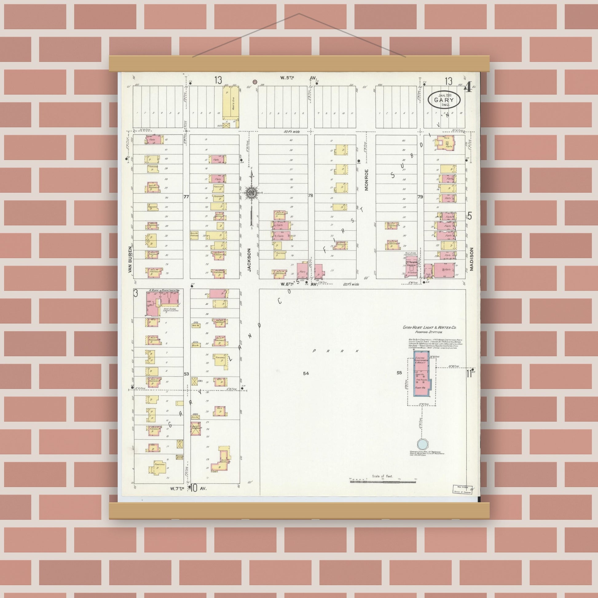 Old map wall art mockup — magnetic wood frame on brick wall — Sanborn Fire Insurance Map from Gary, Lake County, Indiana (1911), Sheet #0004