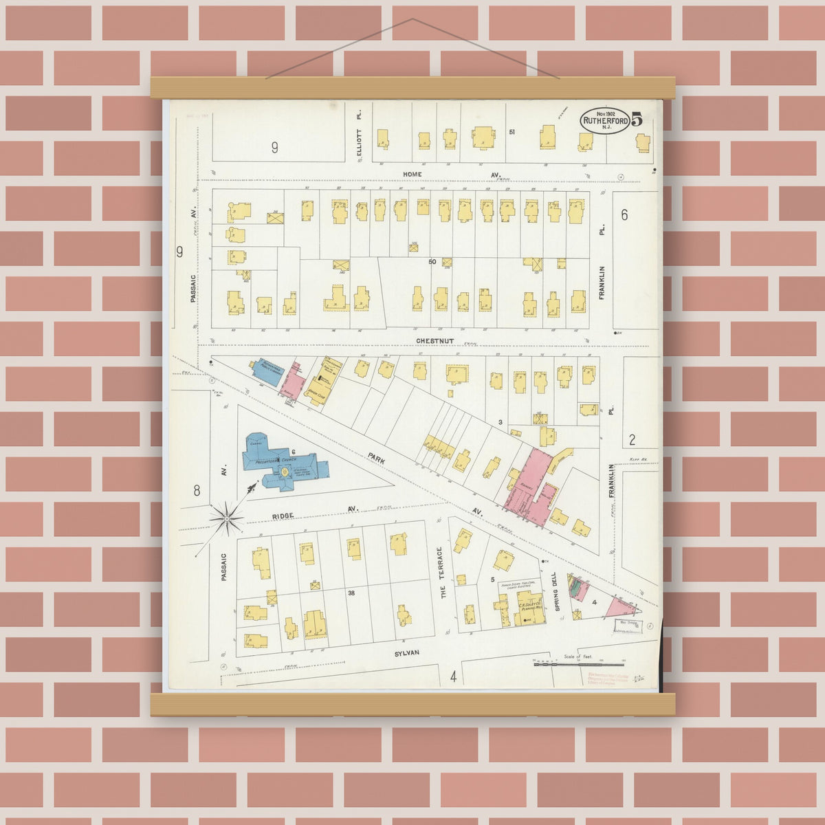 Old map wall art mockup — magnetic wood frame on brick wall — Sanborn Fire Insurance Map from Rutherford, Bergen County, New Jersey (1902), Sheet #0005