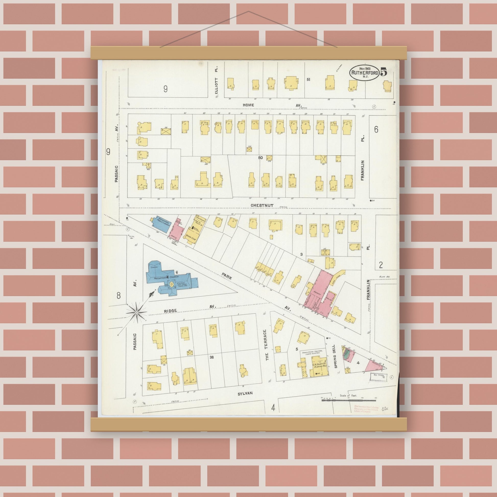 Old map wall art mockup — magnetic wood frame on brick wall — Sanborn Fire Insurance Map from Rutherford, Bergen County, New Jersey (1902), Sheet #0005