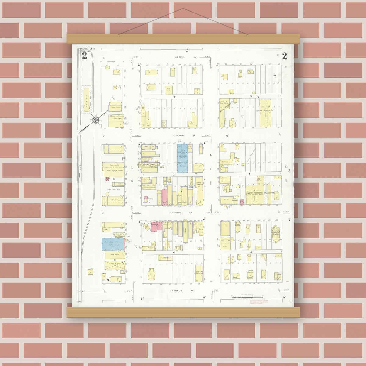 Old map wall art mockup — magnetic wood frame on brick wall — Sanborn Fire Insurance Map from Fosston, Polk County, Minnesota (1936), Sheet #0002