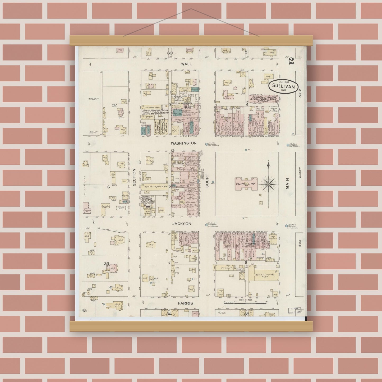 Old map wall art mockup — magnetic wood frame on brick wall — Sanborn Fire Insurance Map from Sullivan, Sullivan County, Indiana (1888), Sheet #0002