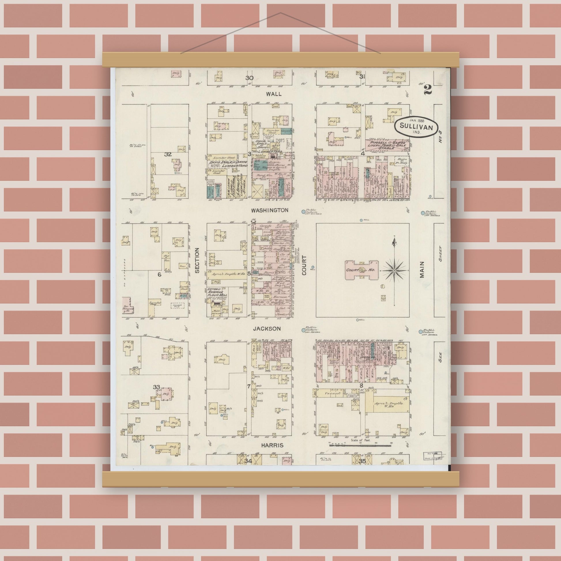Old map wall art mockup — magnetic wood frame on brick wall — Sanborn Fire Insurance Map from Sullivan, Sullivan County, Indiana (1888), Sheet #0002