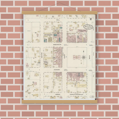 Old map wall art mockup — magnetic wood frame on brick wall — Sanborn Fire Insurance Map from Sullivan, Sullivan County, Indiana (1888), Sheet #0002