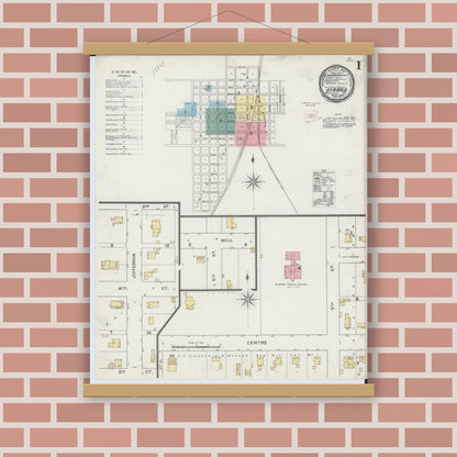 Old map wall art mockup — magnetic wood frame on brick wall — Sanborn Fire Insurance Map from Girard, Macoupin County, Illinois (1894) - Complete Map Set