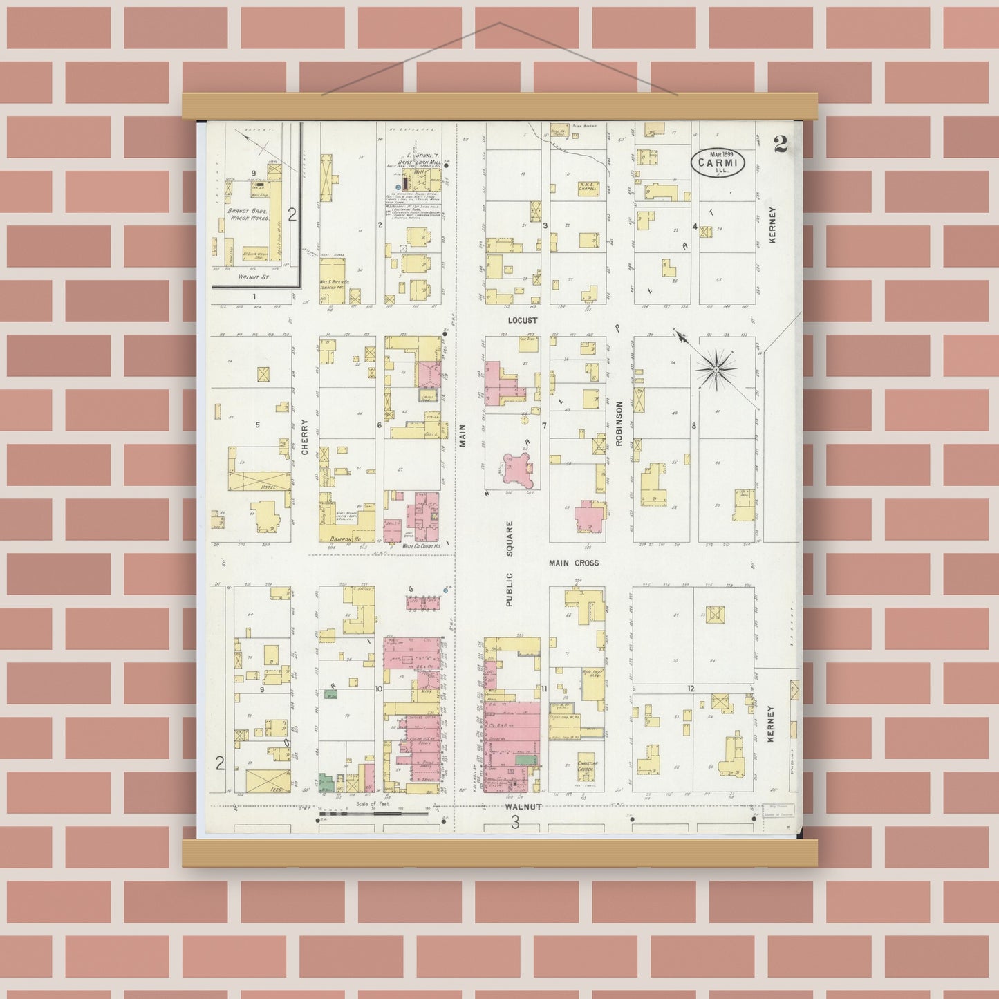 Old map wall art mockup — magnetic wood frame on brick wall — Sanborn Fire Insurance Map from Carmi, White County, Illinois (1899), Sheet #0002