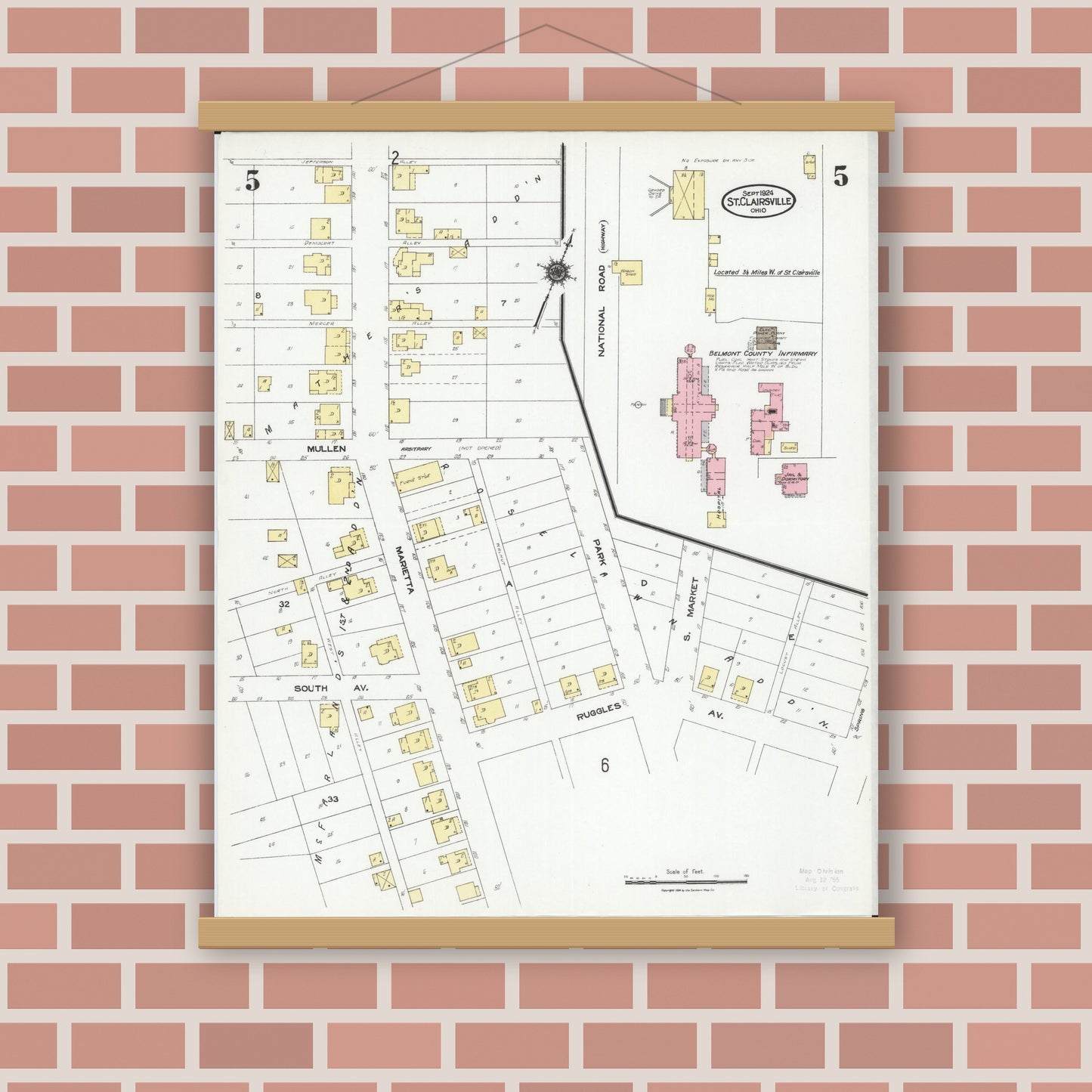 Old map wall art mockup — magnetic wood frame on brick wall — Sanborn Fire Insurance Map from Saint Clairsville, Belmont County, Ohio (1924), Sheet #0005