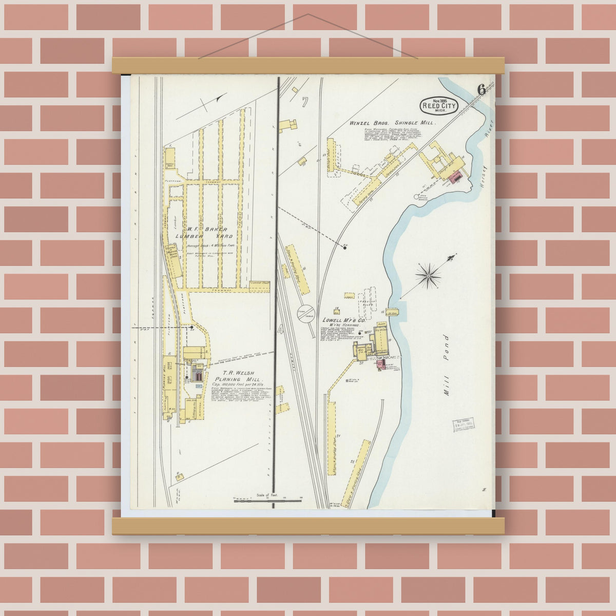 Old map wall art mockup — magnetic wood frame on brick wall — Sanborn Fire Insurance Map from Reed City, Osceola County, Michigan (1895), Sheet #0006