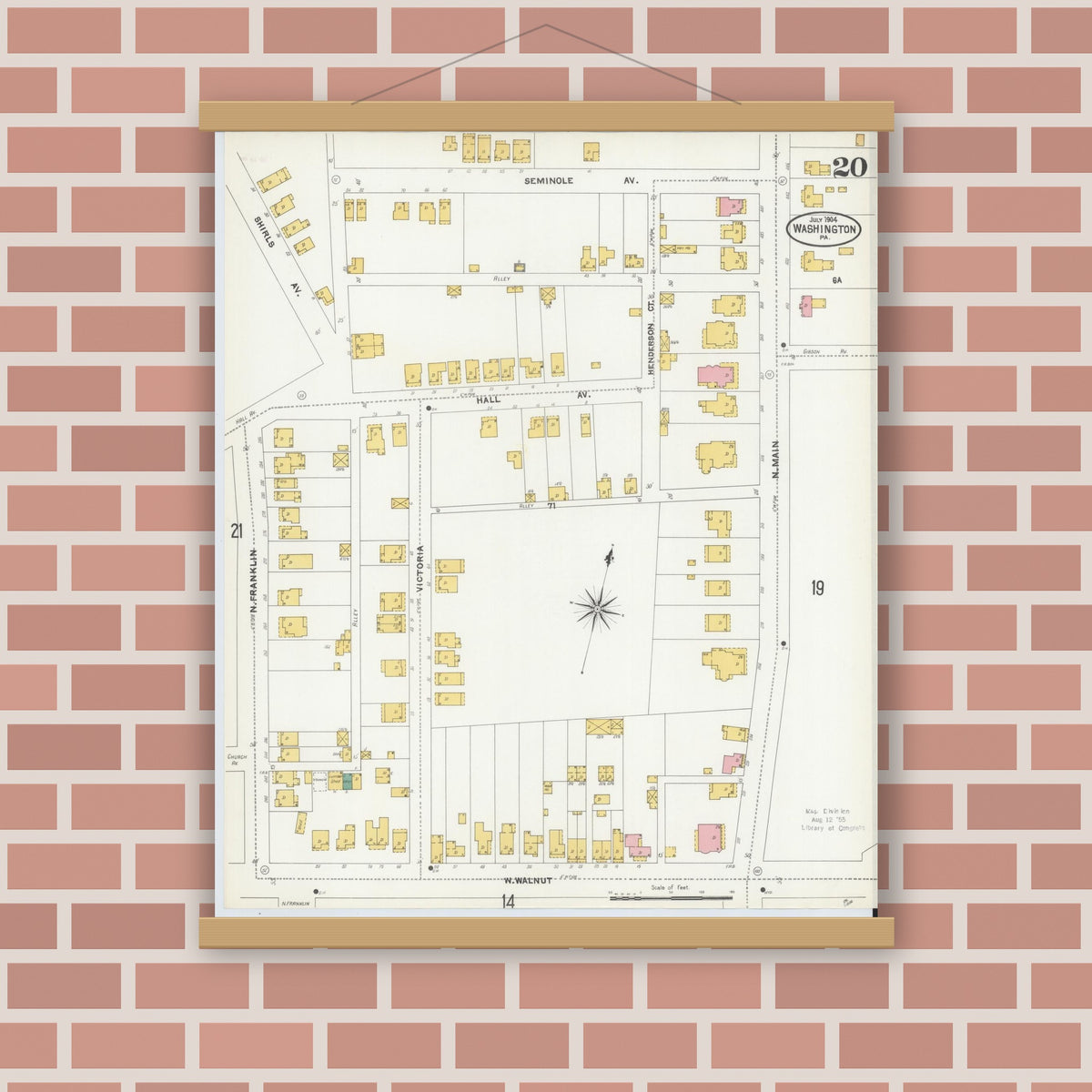Old map wall art mockup — magnetic wood frame on brick wall — Sanborn Fire Insurance Map from Washington, Washington County, Pennsylvania (1904), Sheet #0020