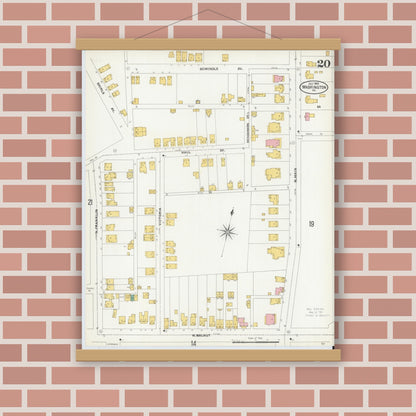 Old map wall art mockup — magnetic wood frame on brick wall — Sanborn Fire Insurance Map from Washington, Washington County, Pennsylvania (1904), Sheet #0020