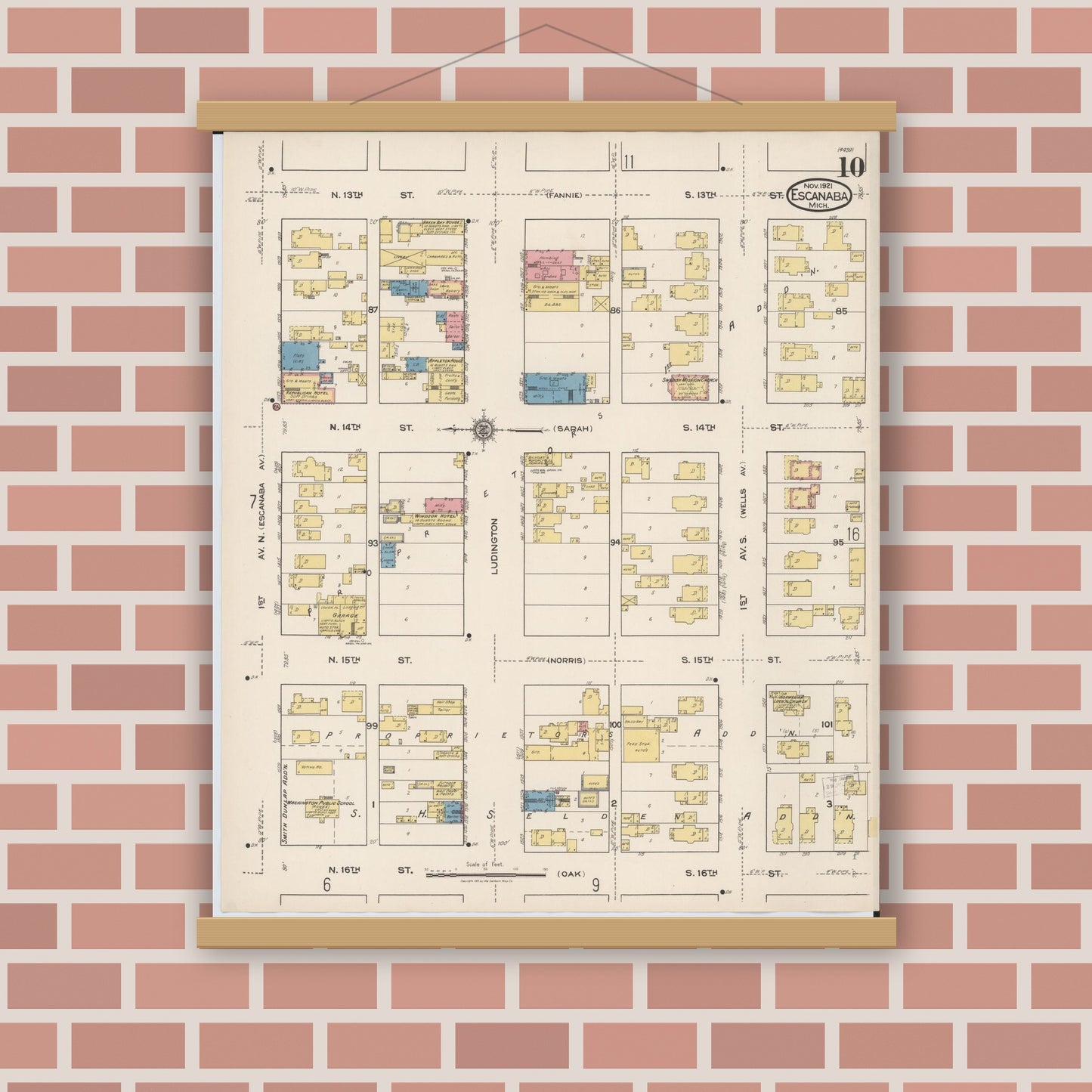 Old map wall art mockup — magnetic wood frame on brick wall — Sanborn Fire Insurance Map from Escanaba, Delta County, Michigan (1921), Sheet #0010