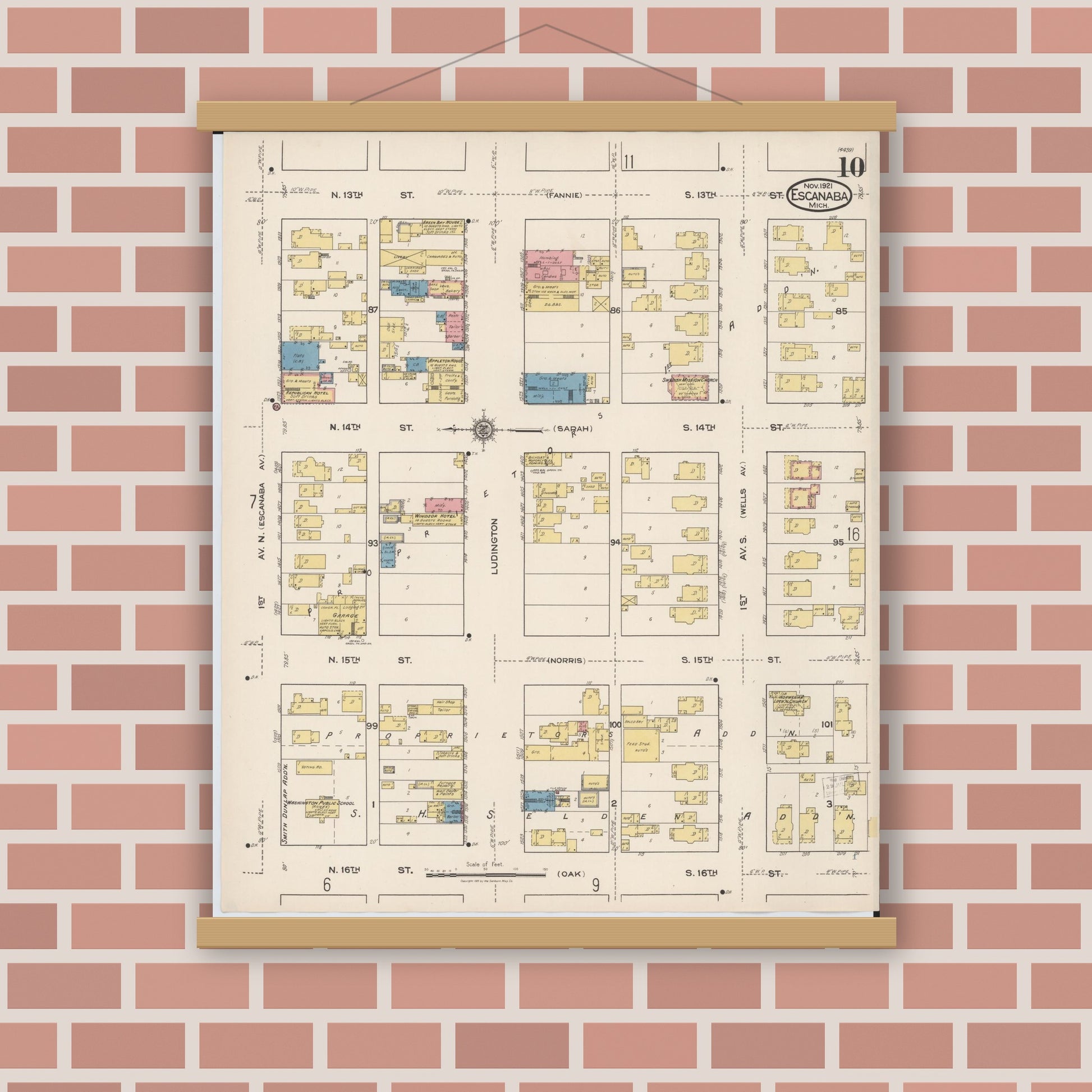 Old map wall art mockup — magnetic wood frame on brick wall — Sanborn Fire Insurance Map from Escanaba, Delta County, Michigan (1921), Sheet #0010