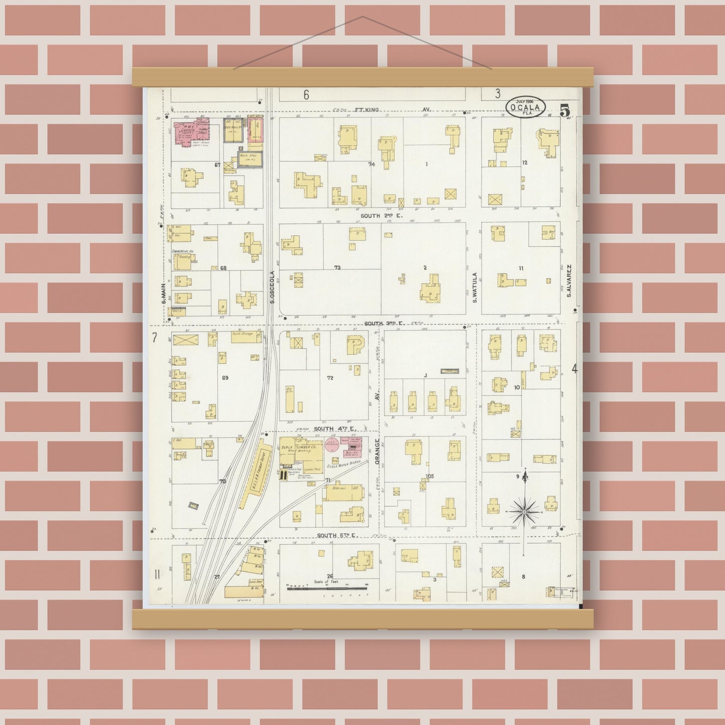 Old map wall art mockup — magnetic wood frame on brick wall — Sanborn Fire Insurance Map from Ocala, Marion County, Florida (1906), Sheet #0005