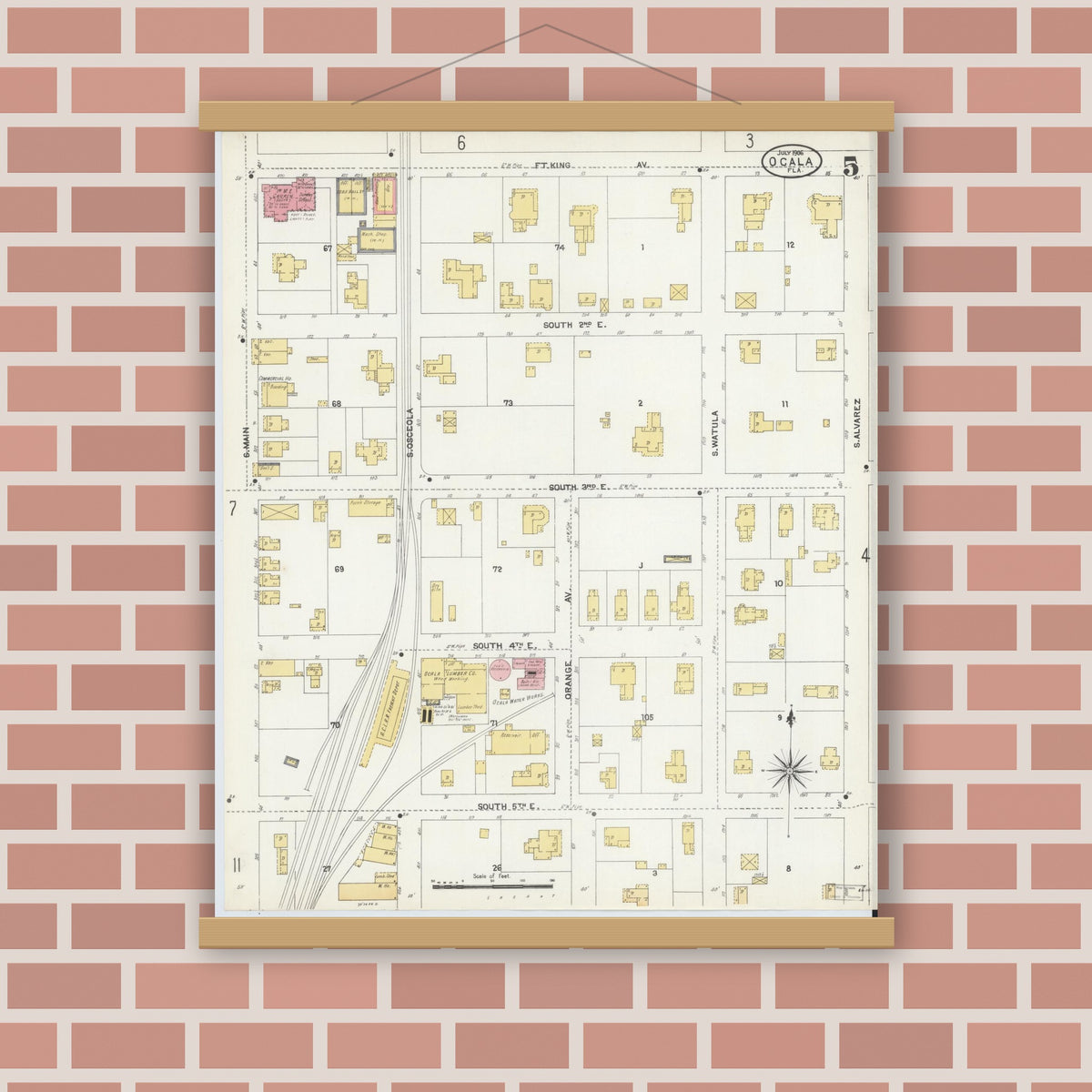 Old map wall art mockup — magnetic wood frame on brick wall — Sanborn Fire Insurance Map from Ocala, Marion County, Florida (1906), Sheet #0005
